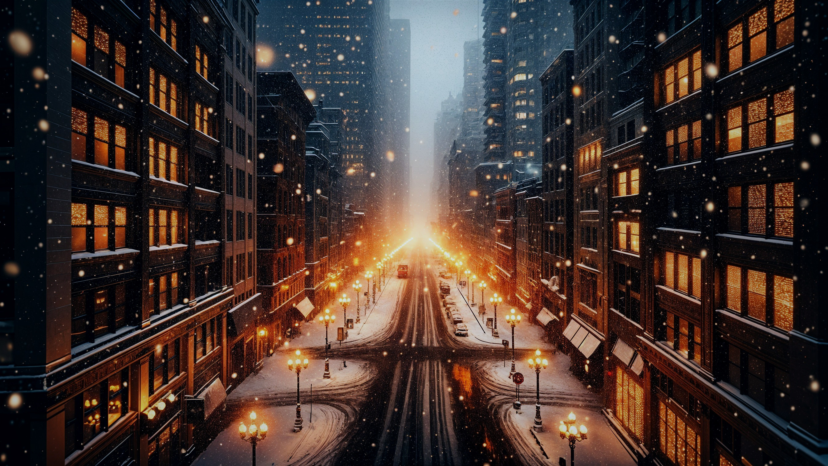 Snowy Urban Night Scene with Warm Golden Lights