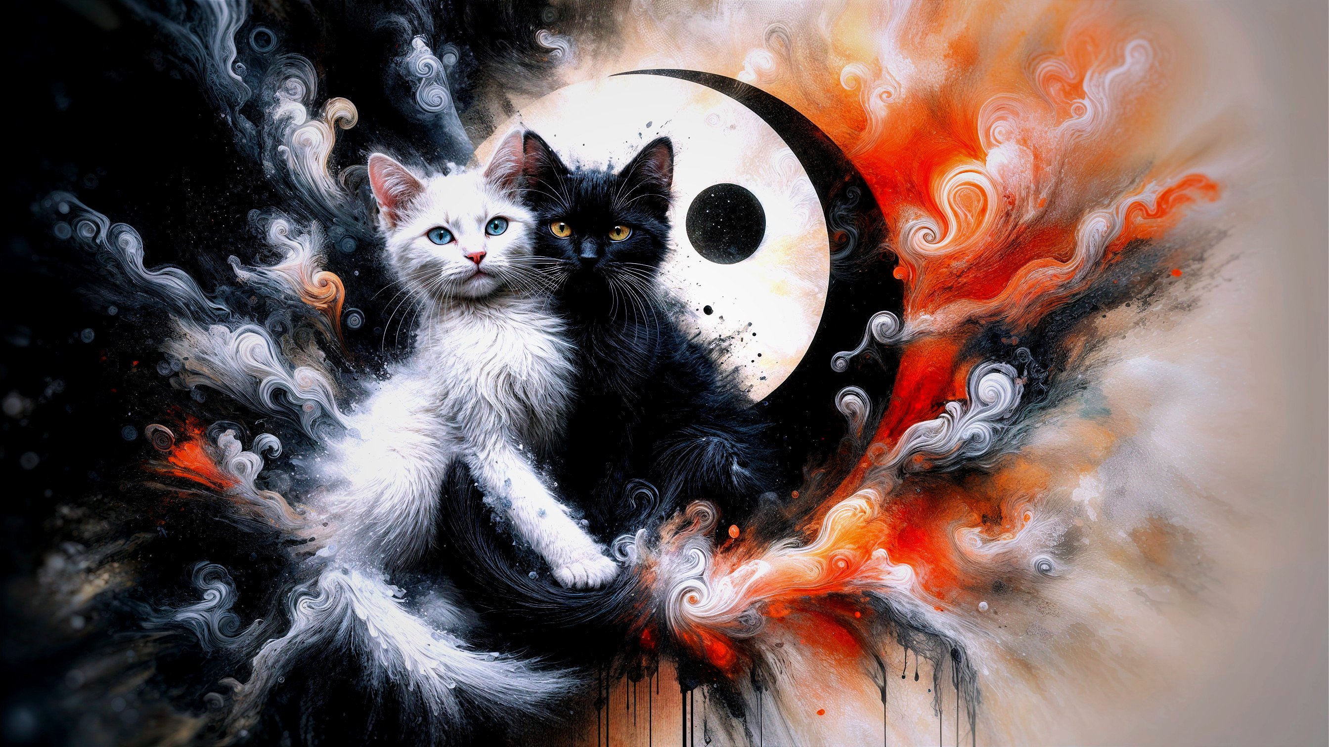 Illustration of White and Black Cats in Yin Yang Theme