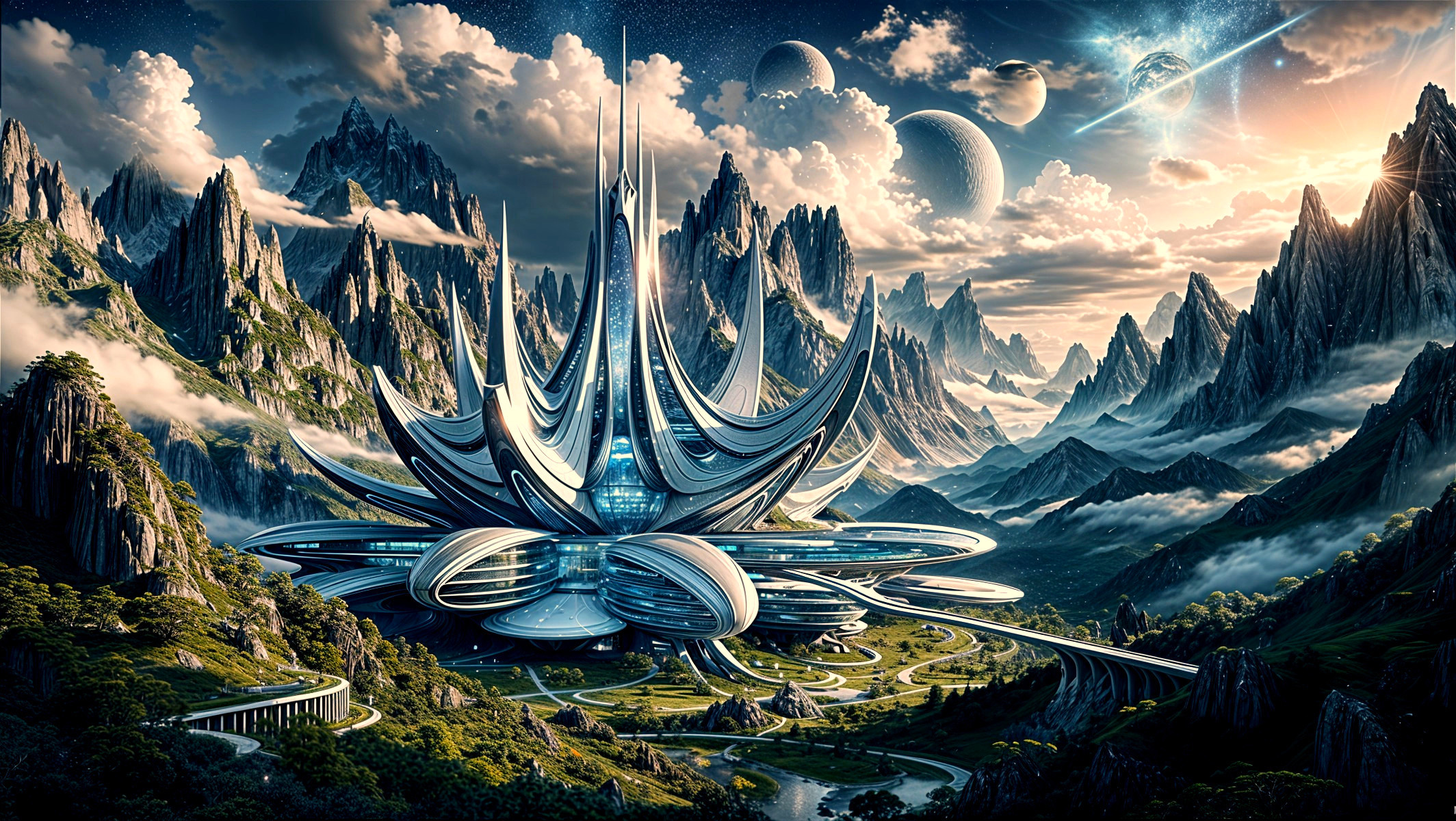 Futuristic cityscape in a vibrant mountainous landscape