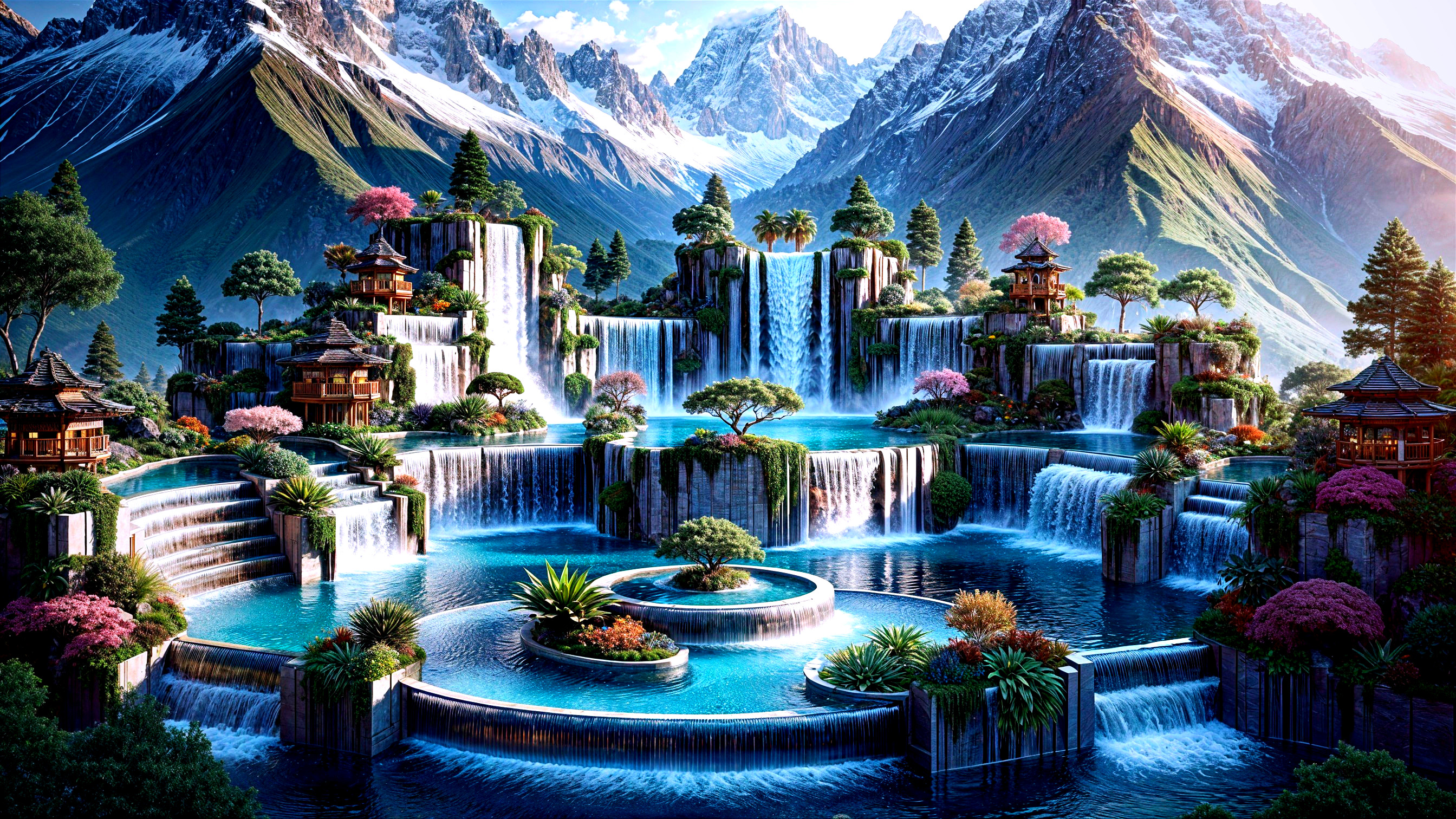 Cascading Waterfalls in a Serene Mountain Landscape