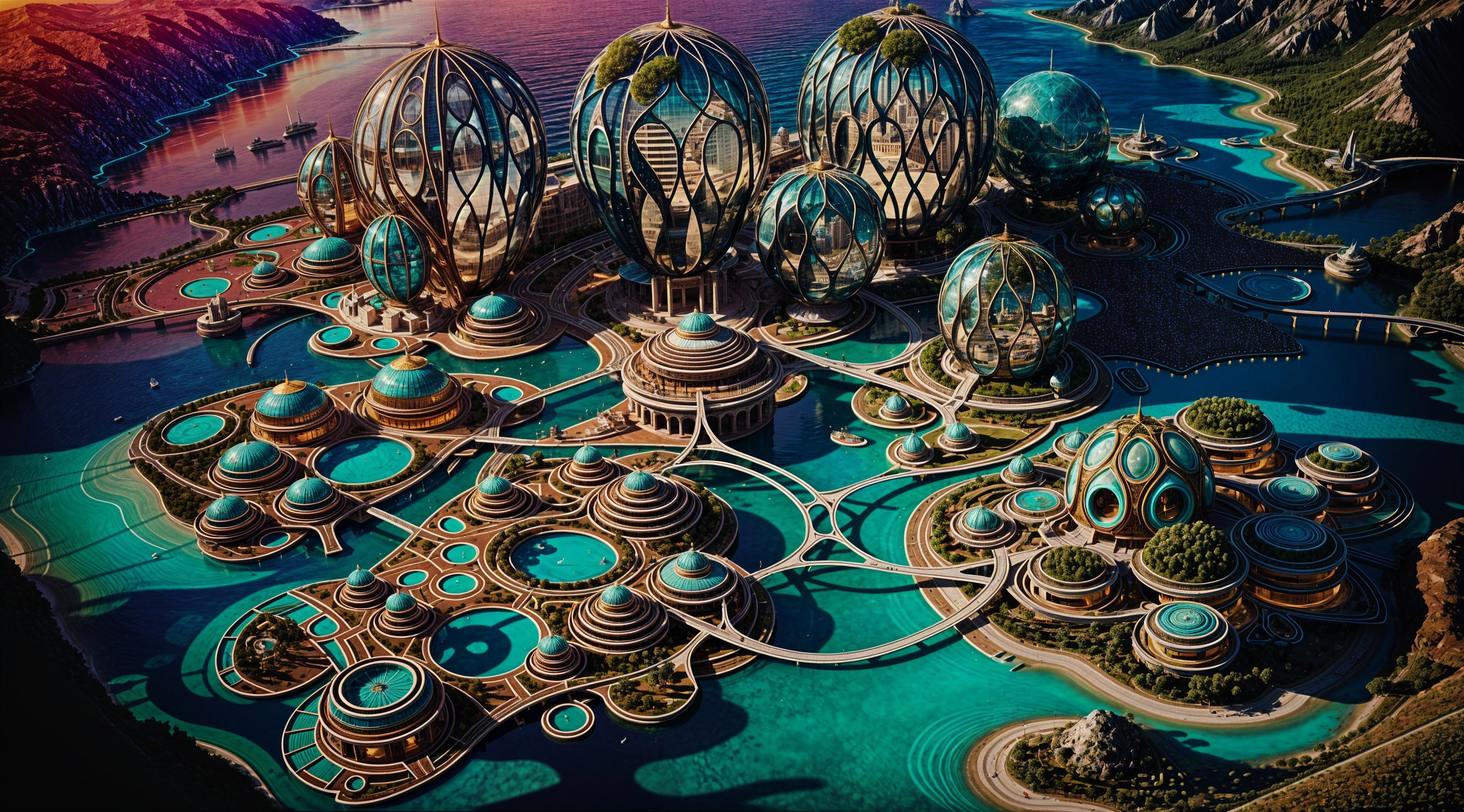 Futuristic cityscape with geometric pod-like structures