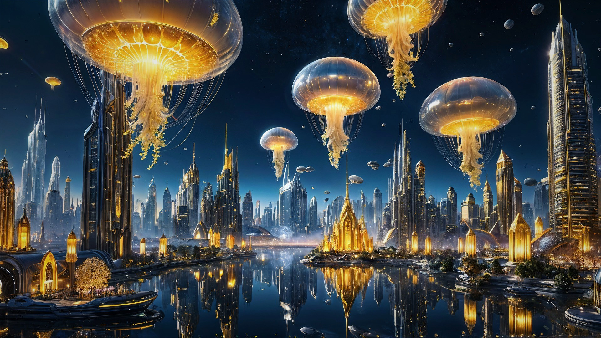Futuristic cityscape with illuminated skyscrapers and jellyfish
