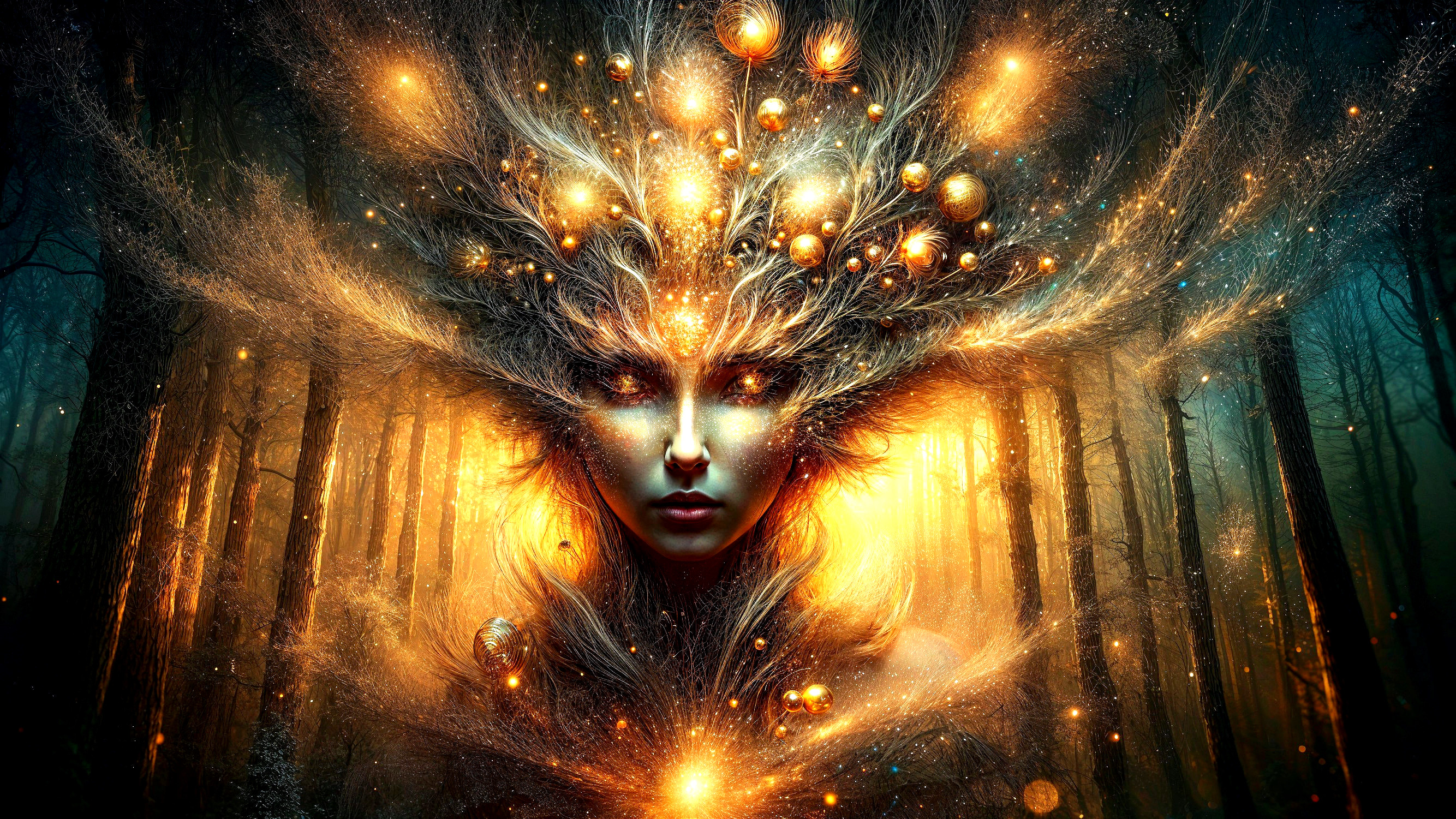Mystical Figure with Radiant Hair in Dark Forest