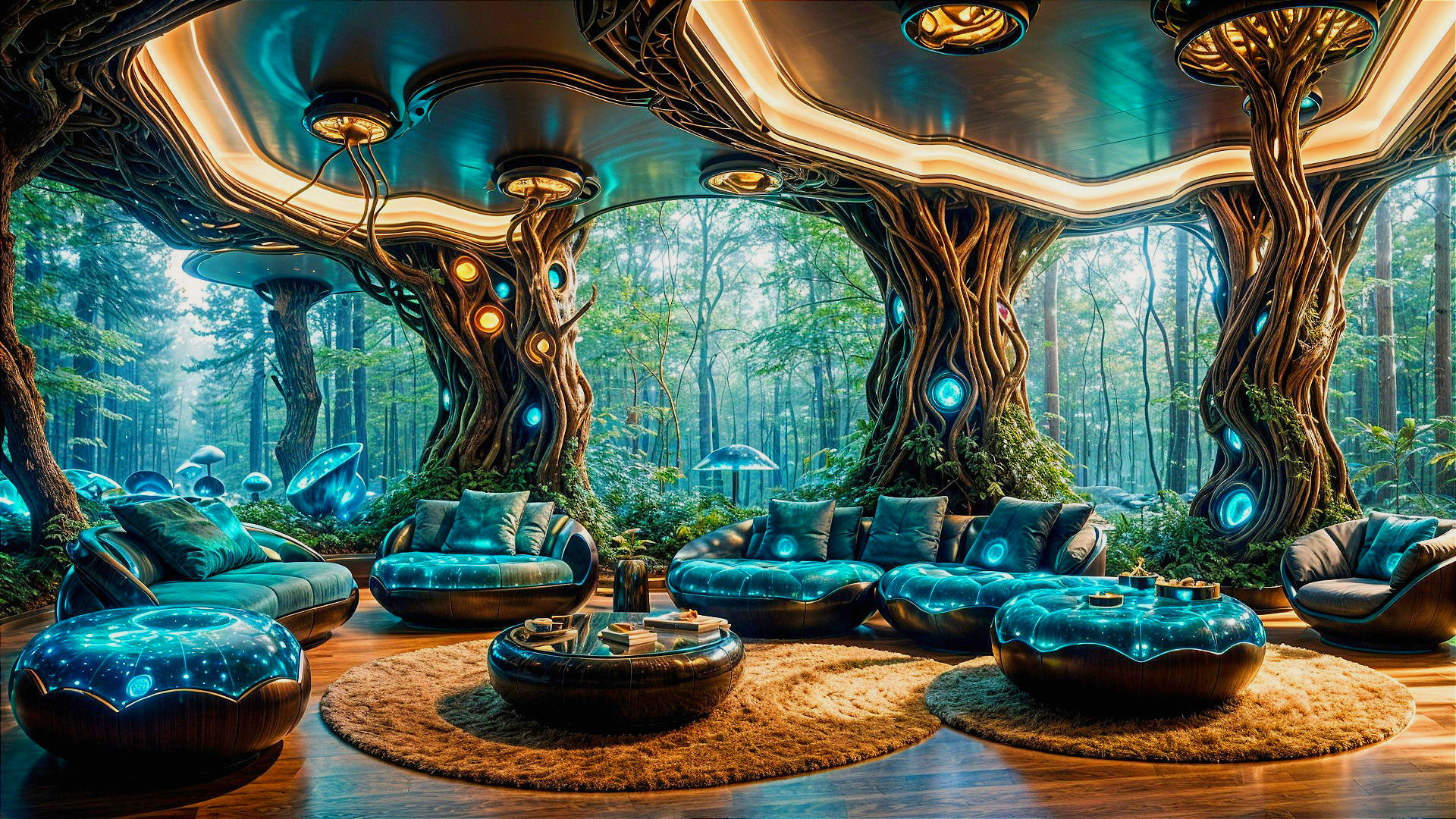 Futuristic Lounge in a Mystical Bioluminescent Forest