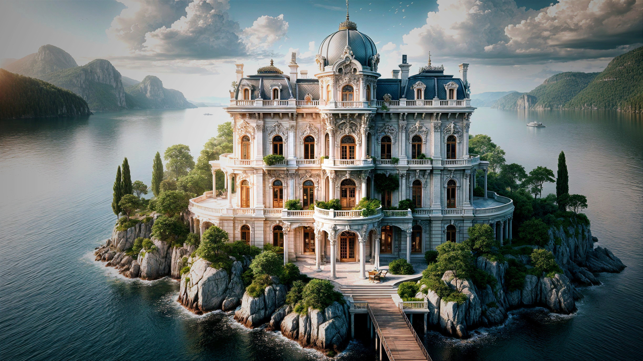 Majestic mansion on a rocky island with serene waters