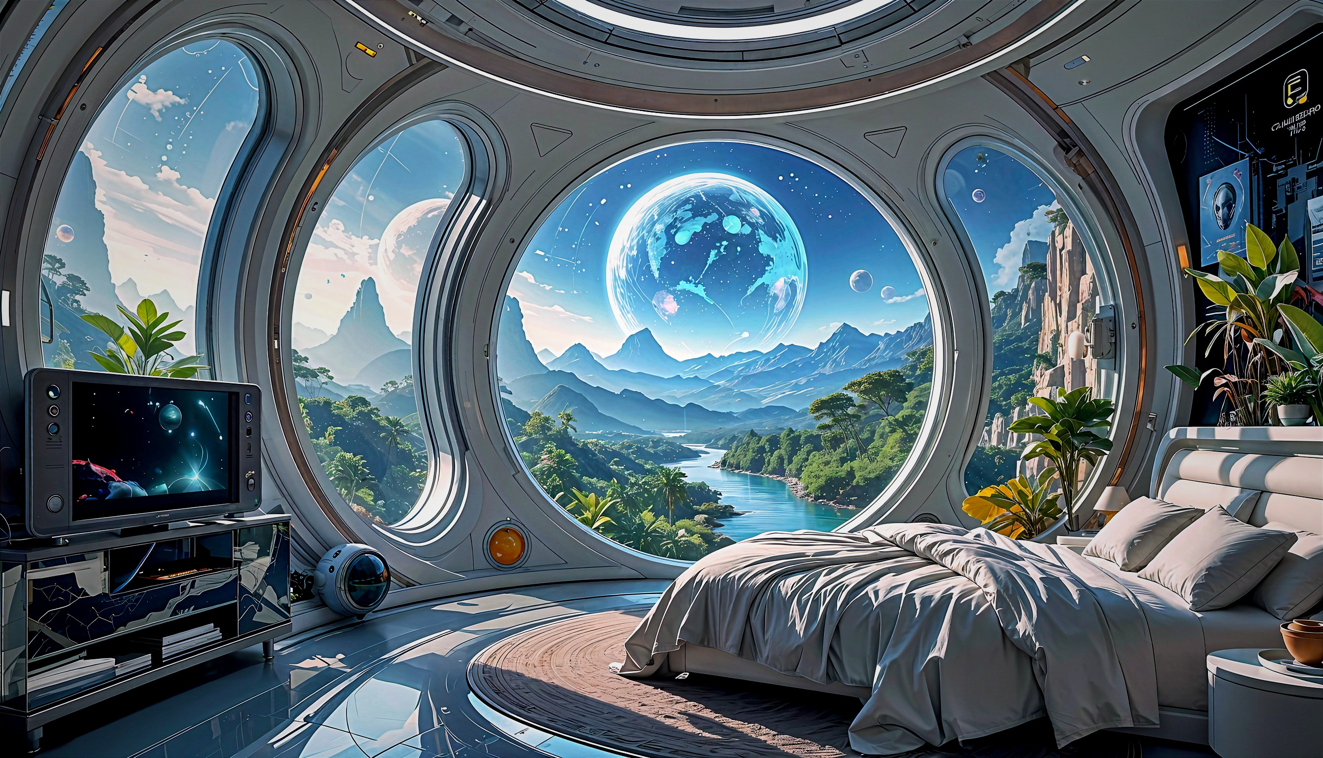 Futuristic Bedroom with Alien Landscape View