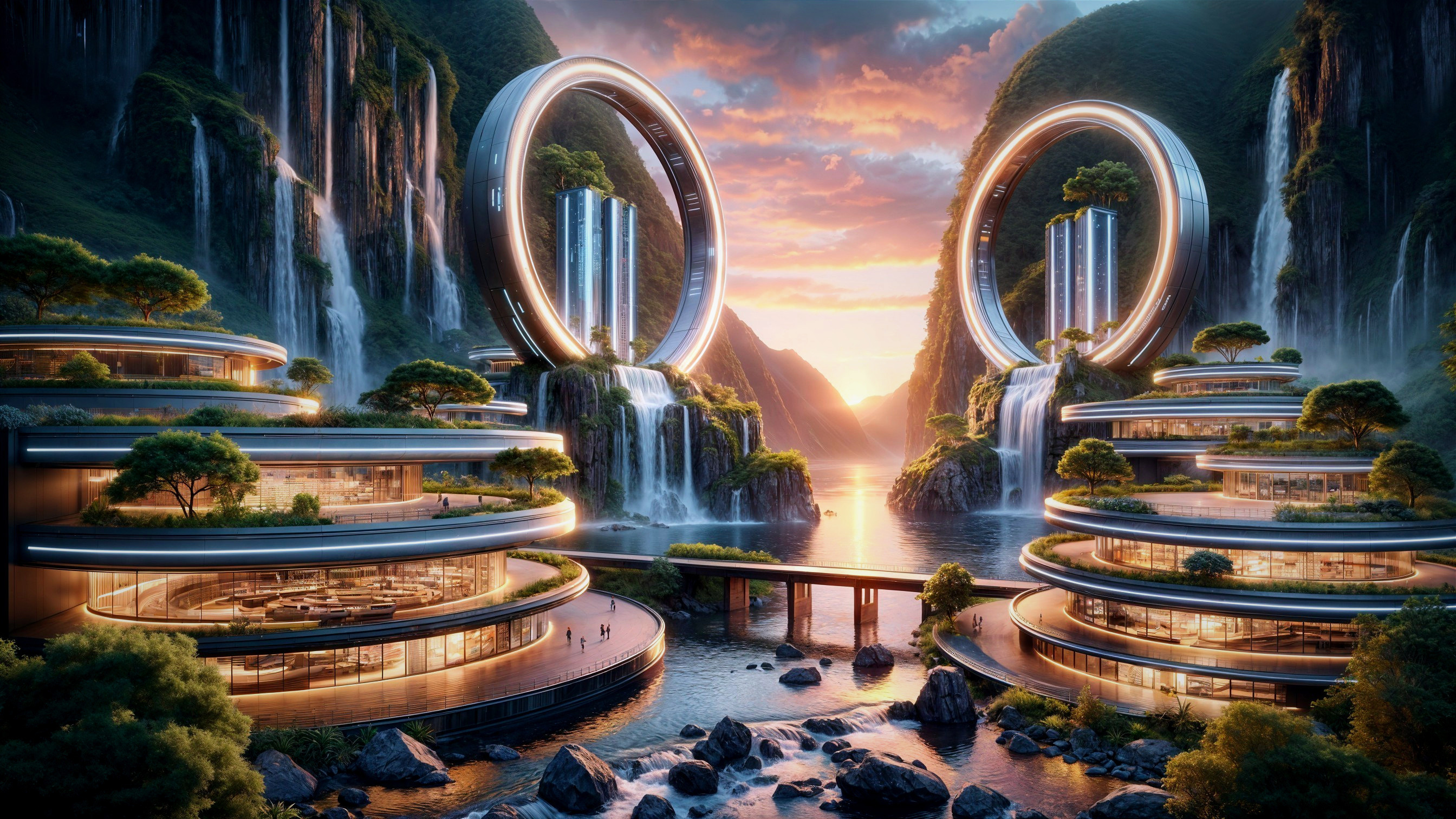 Futuristic Landscape with Circular Buildings and Lake