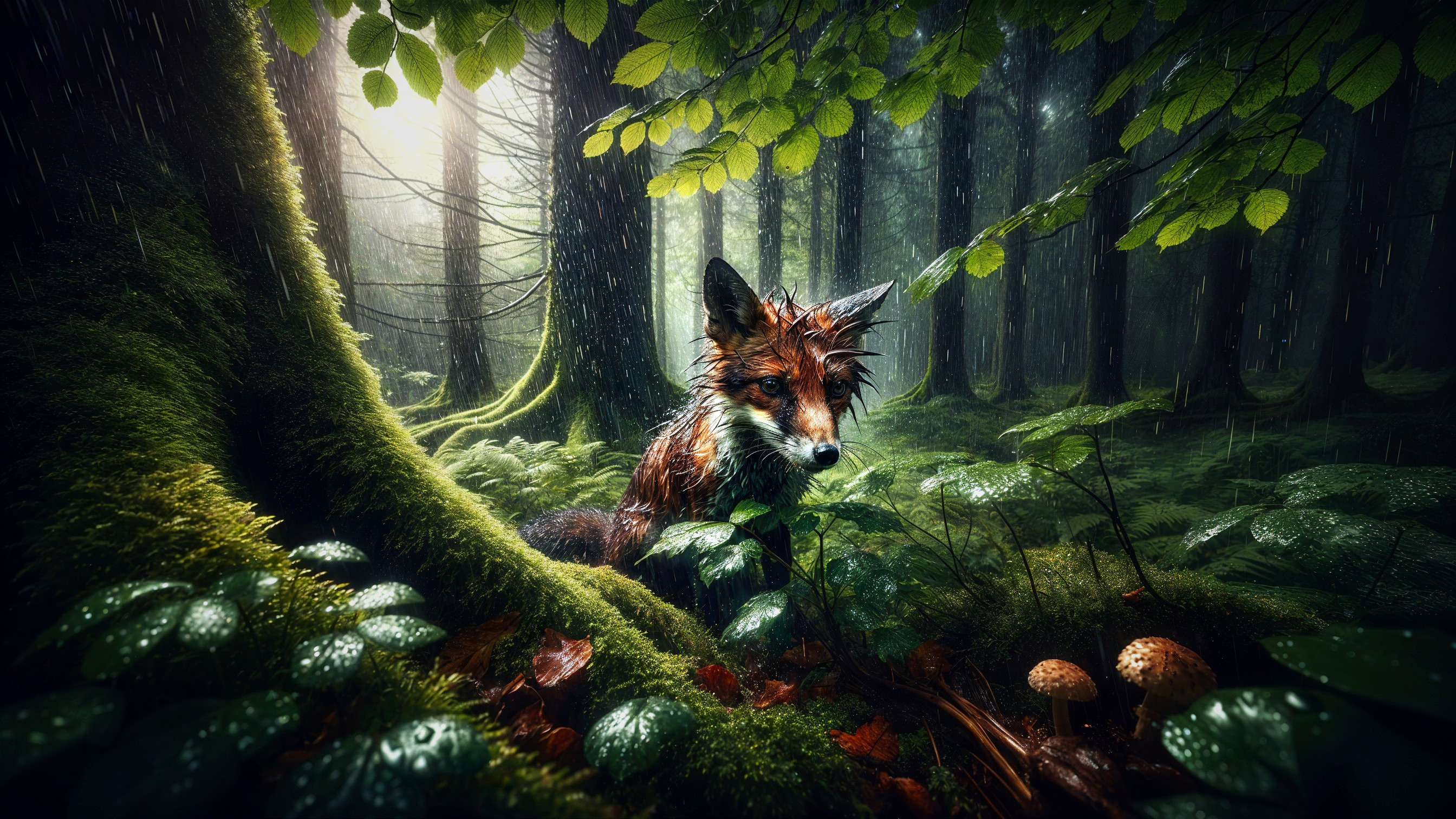 Wet fox in a misty forest with lush greenery