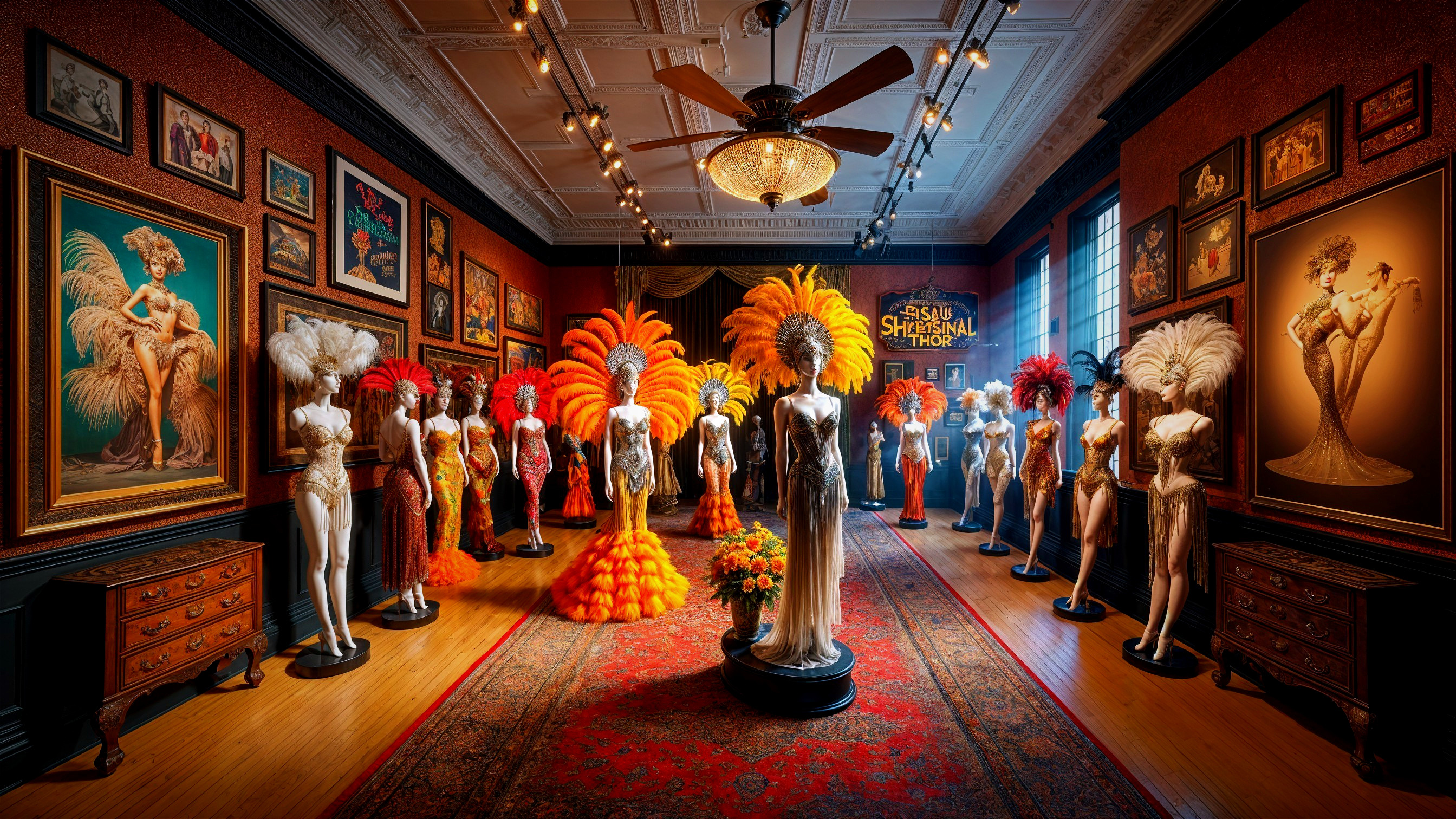 Elegant gallery featuring vibrant feathered costumes