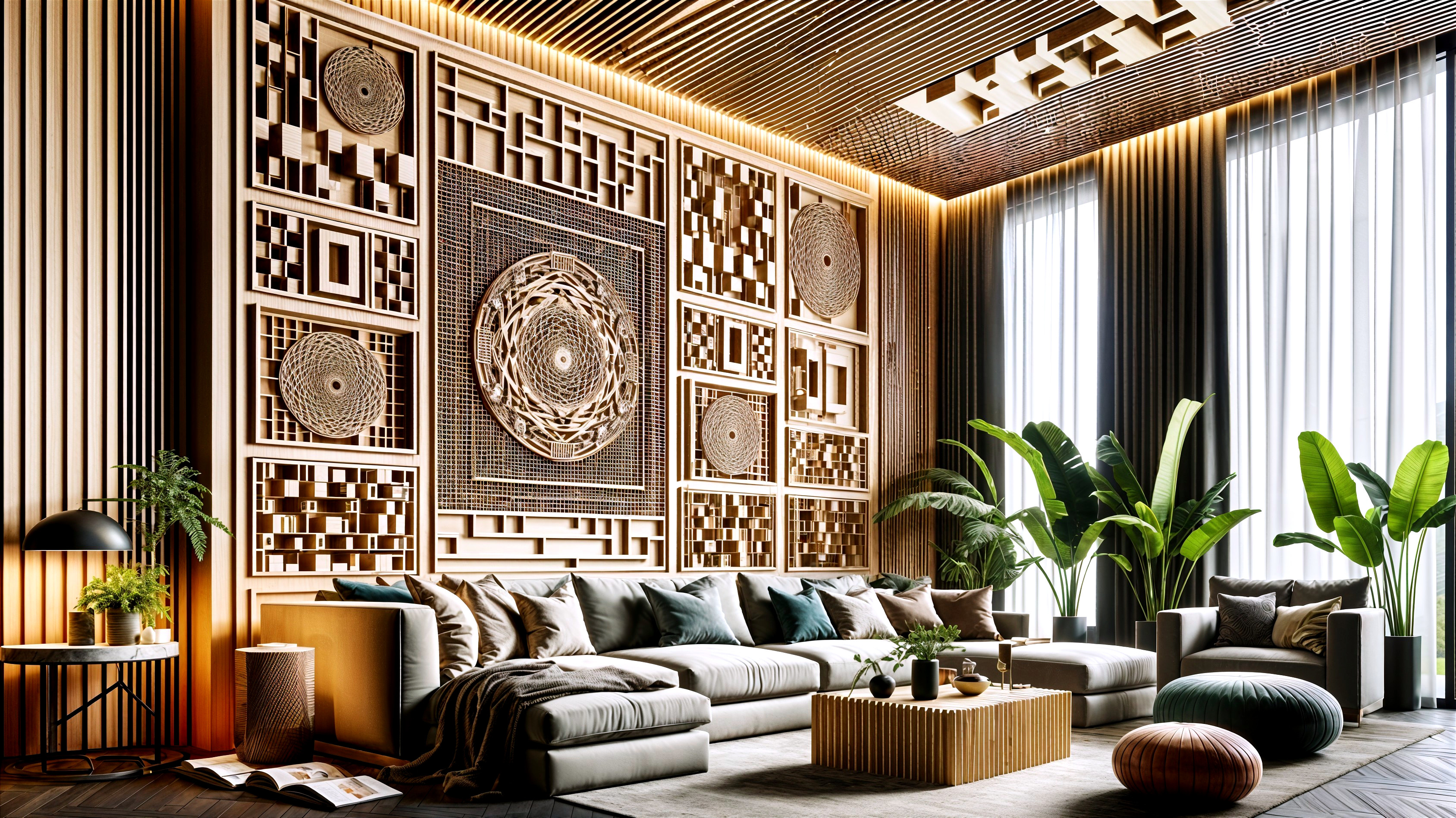 Modern Living Room with Light Sofa and Wooden Wall