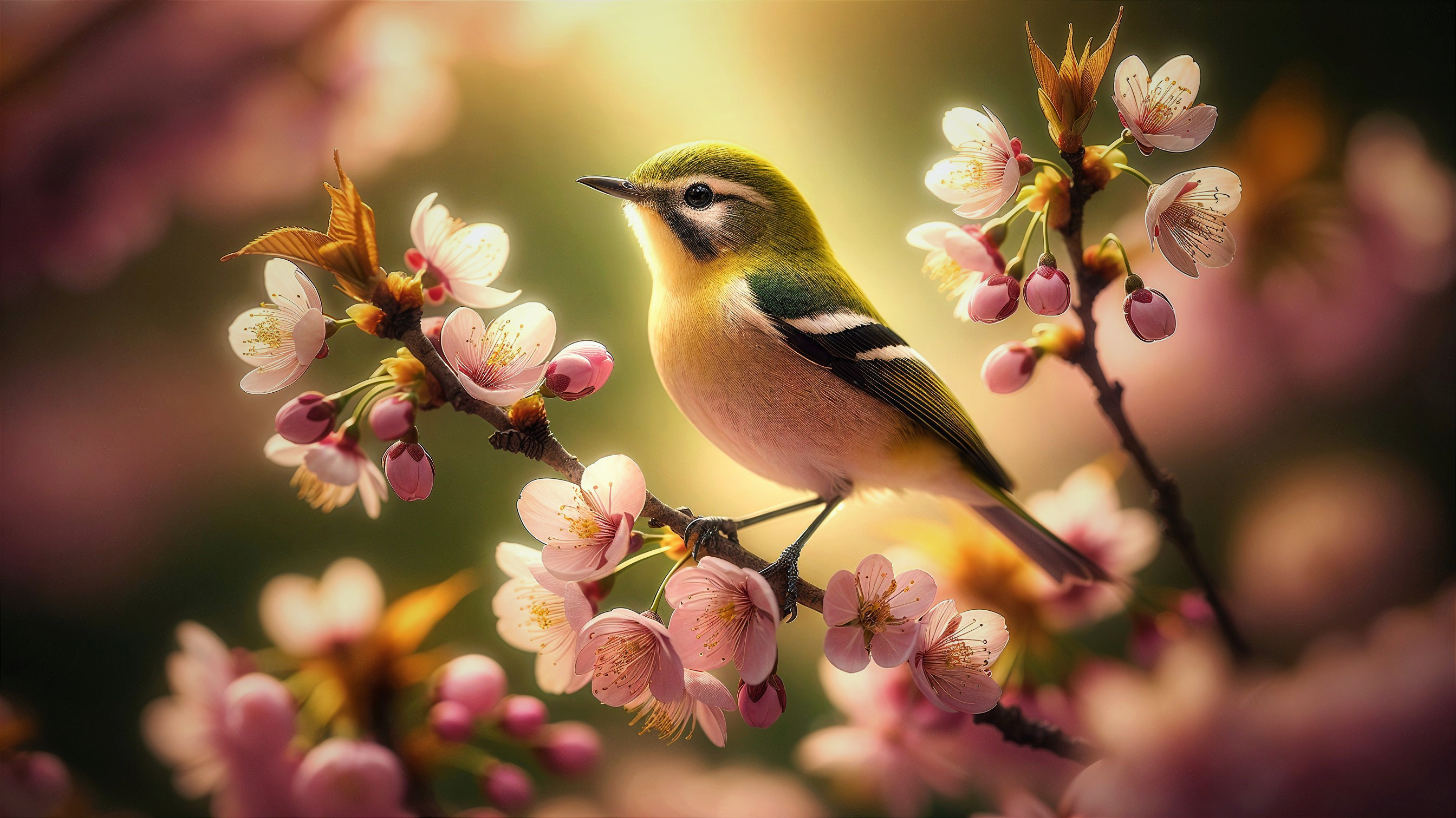 Vibrant Bird on Cherry Blossom Branch in Soft Light