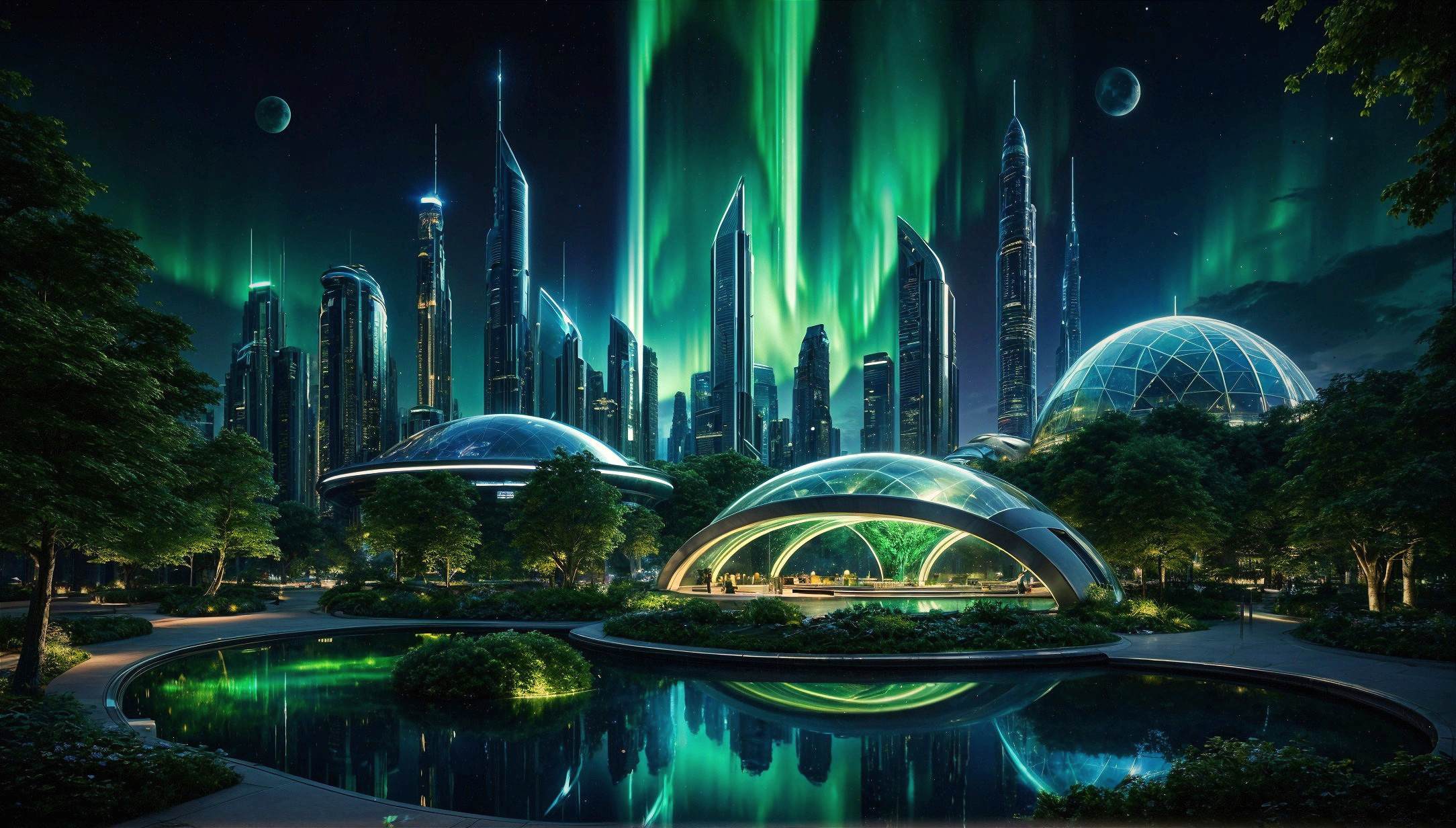 Futuristic cityscape with northern lights and greenery