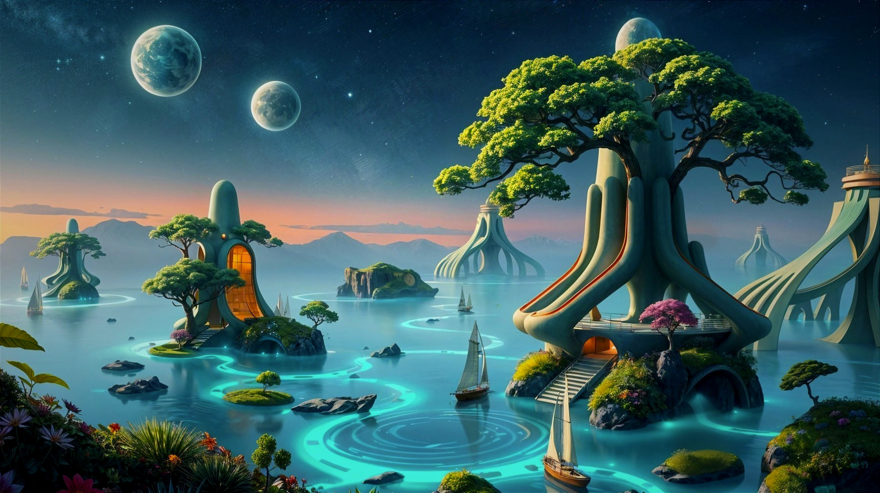 Surreal Landscape with Futuristic Structures and Moons