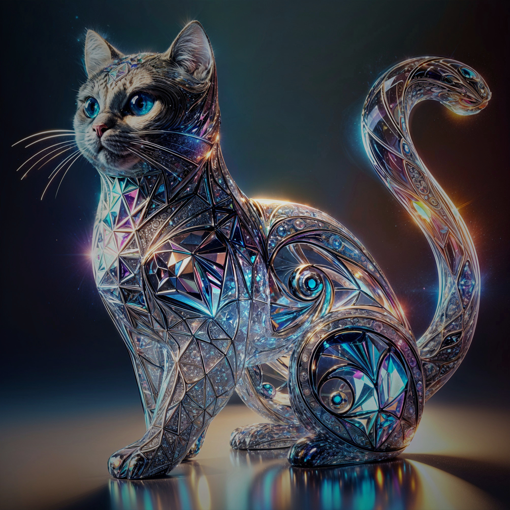 Jewel-Encrusted Cat Figure with Intricate Patterns