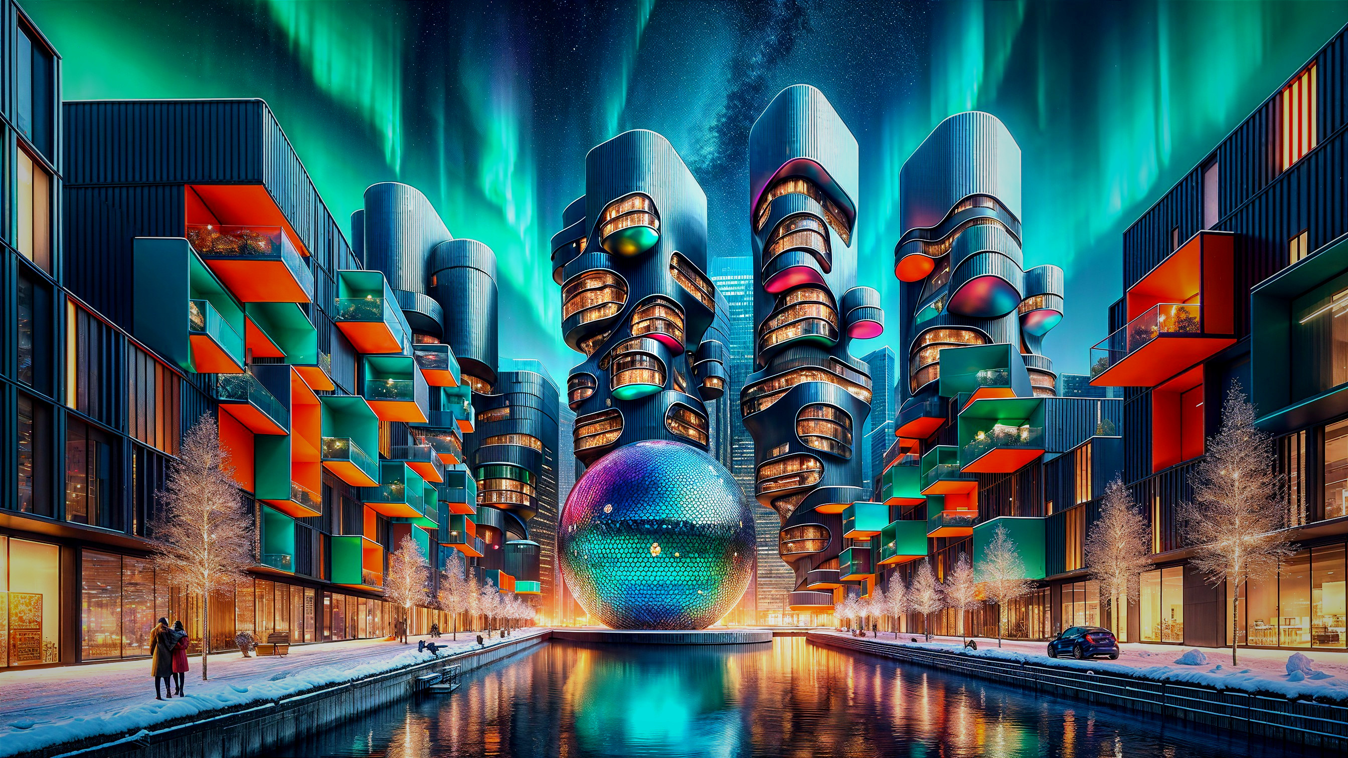 Futuristic cityscape with abstract buildings and aurora