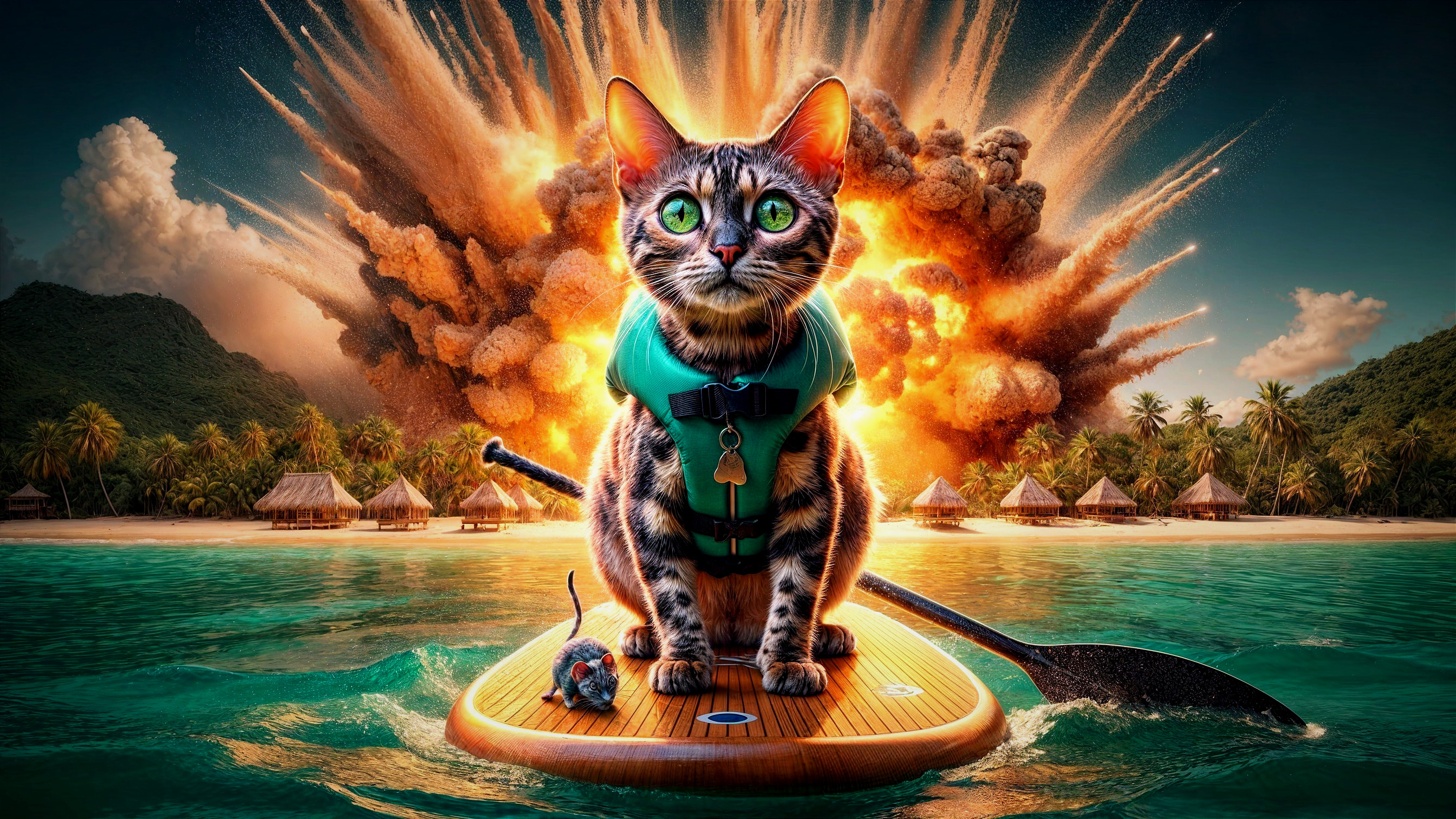 Bengal Cat on Paddleboard Amid Tropical Explosion