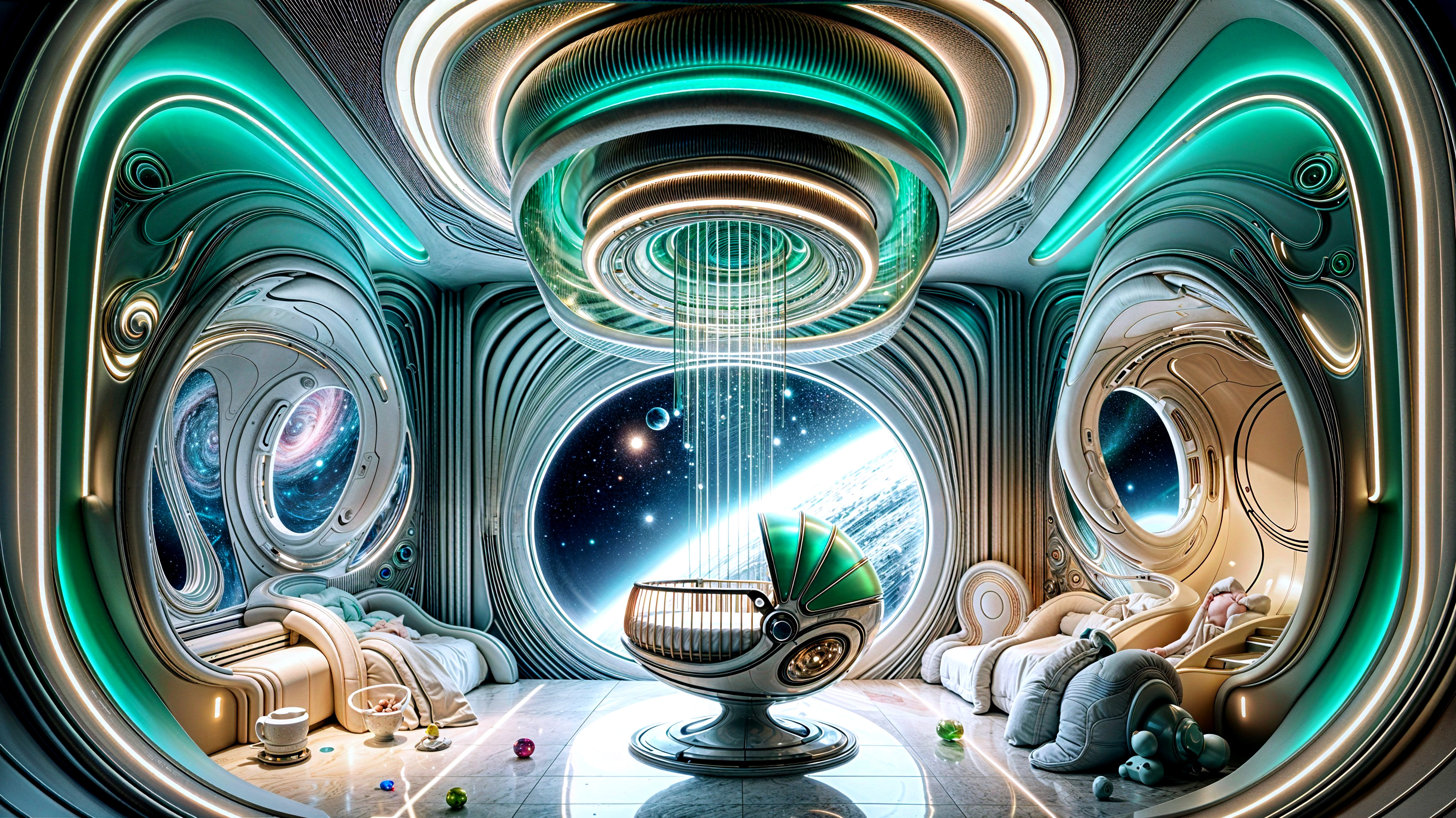 Futuristic Room with Curved Walls and Cosmic View