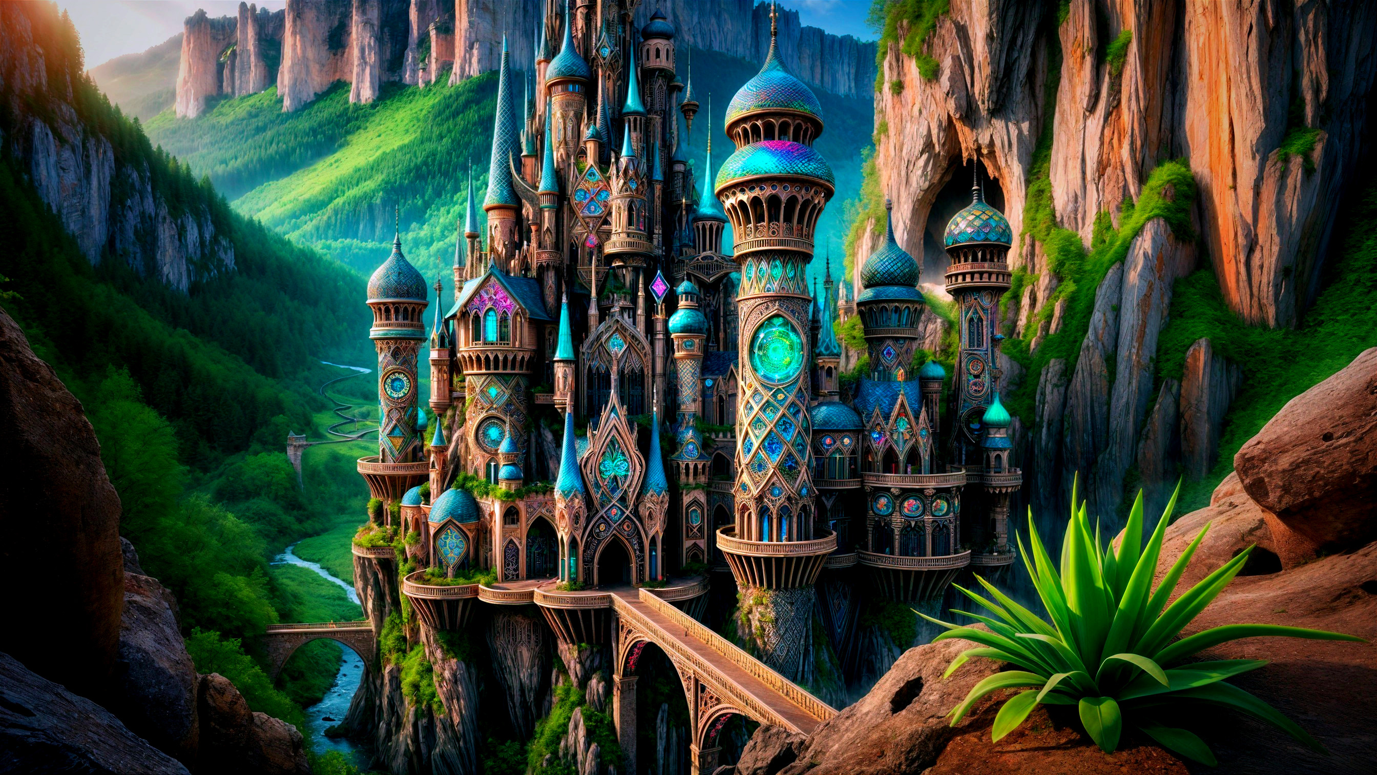 Majestic Fantasy Castle with Lush Greenery and Cliffs