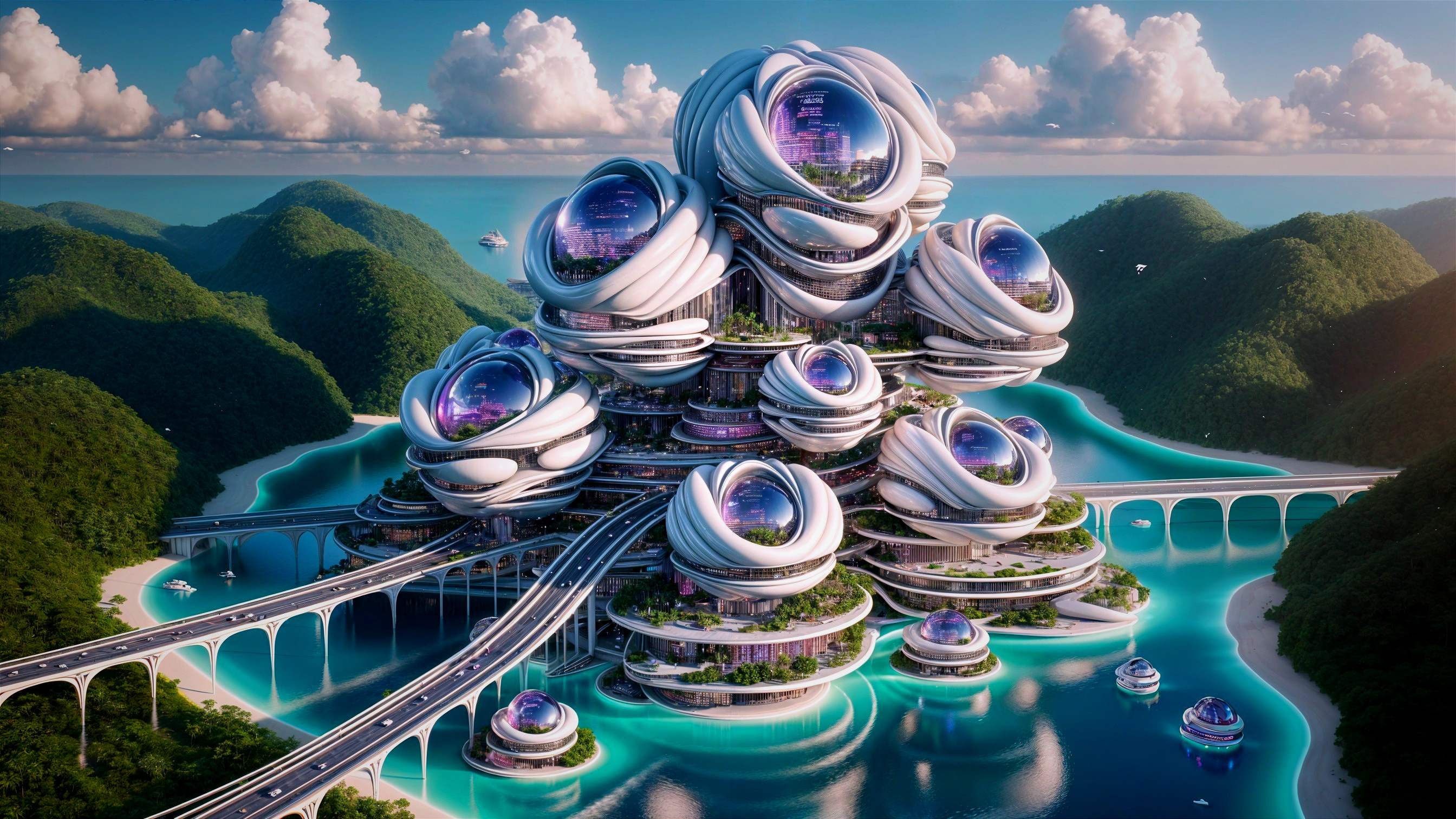 Futuristic cityscape with organic buildings and domes