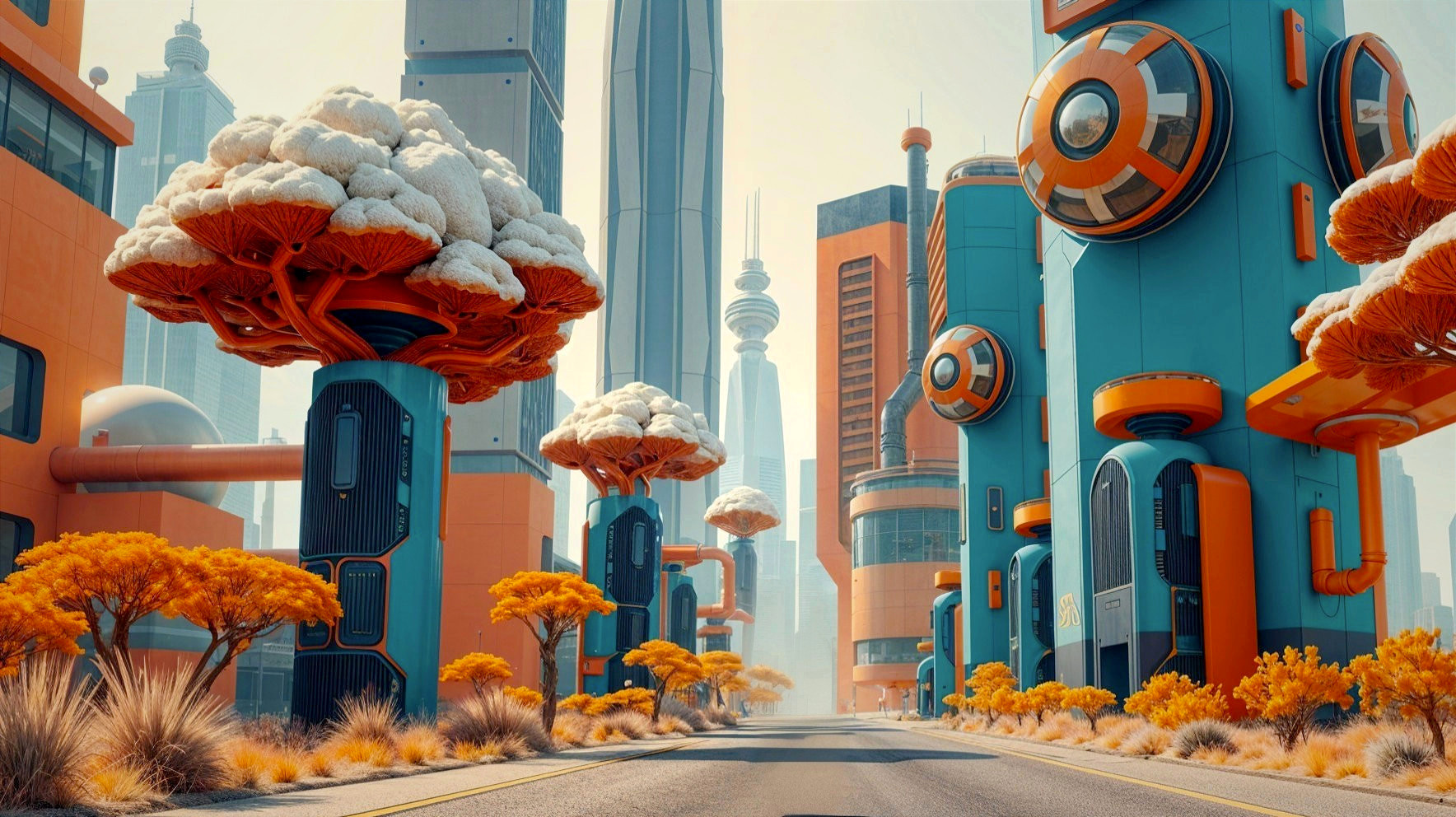 Futuristic cityscape with colorful buildings and trees