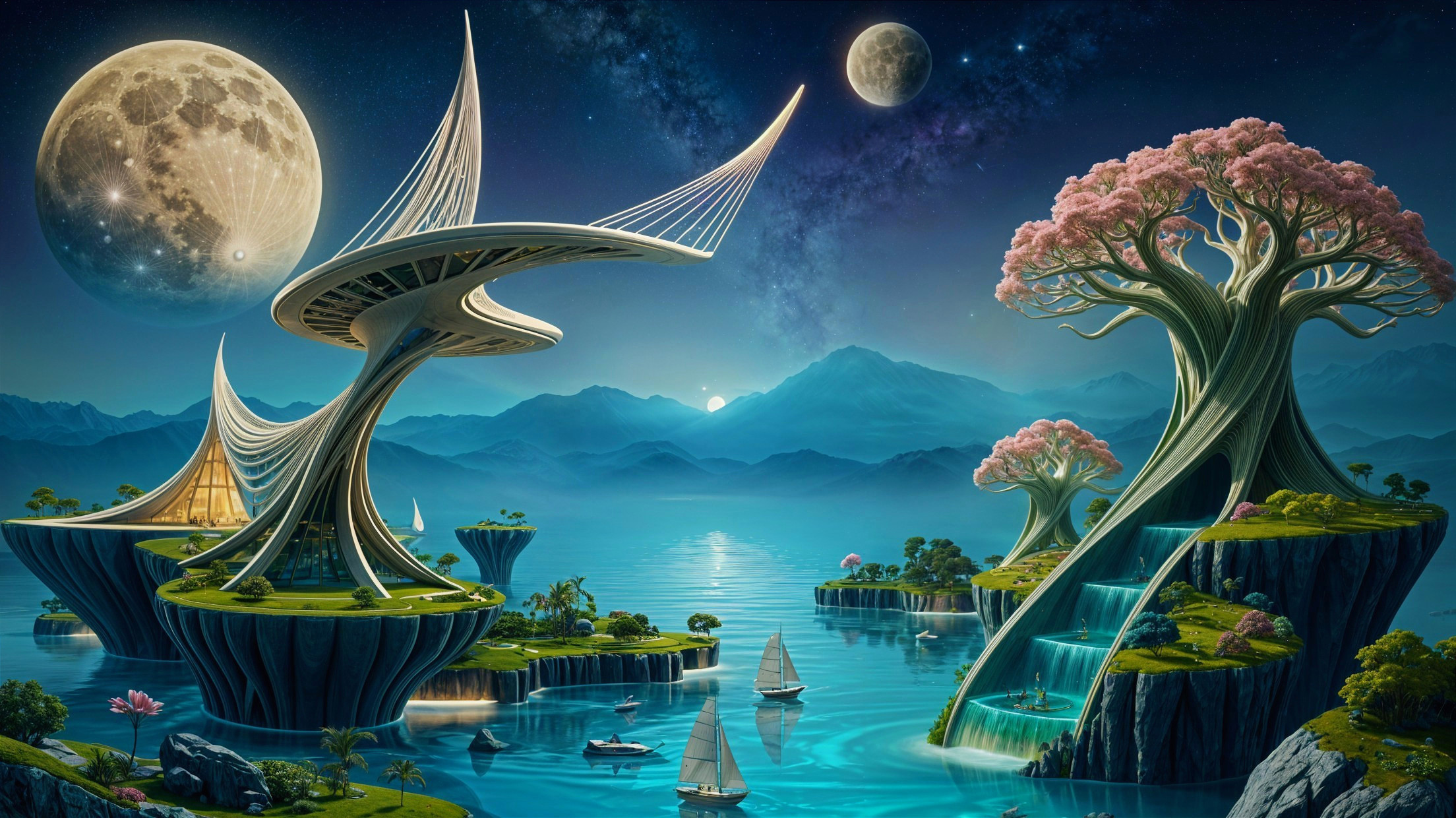 Surreal Landscape with Futuristic Structures and Moons