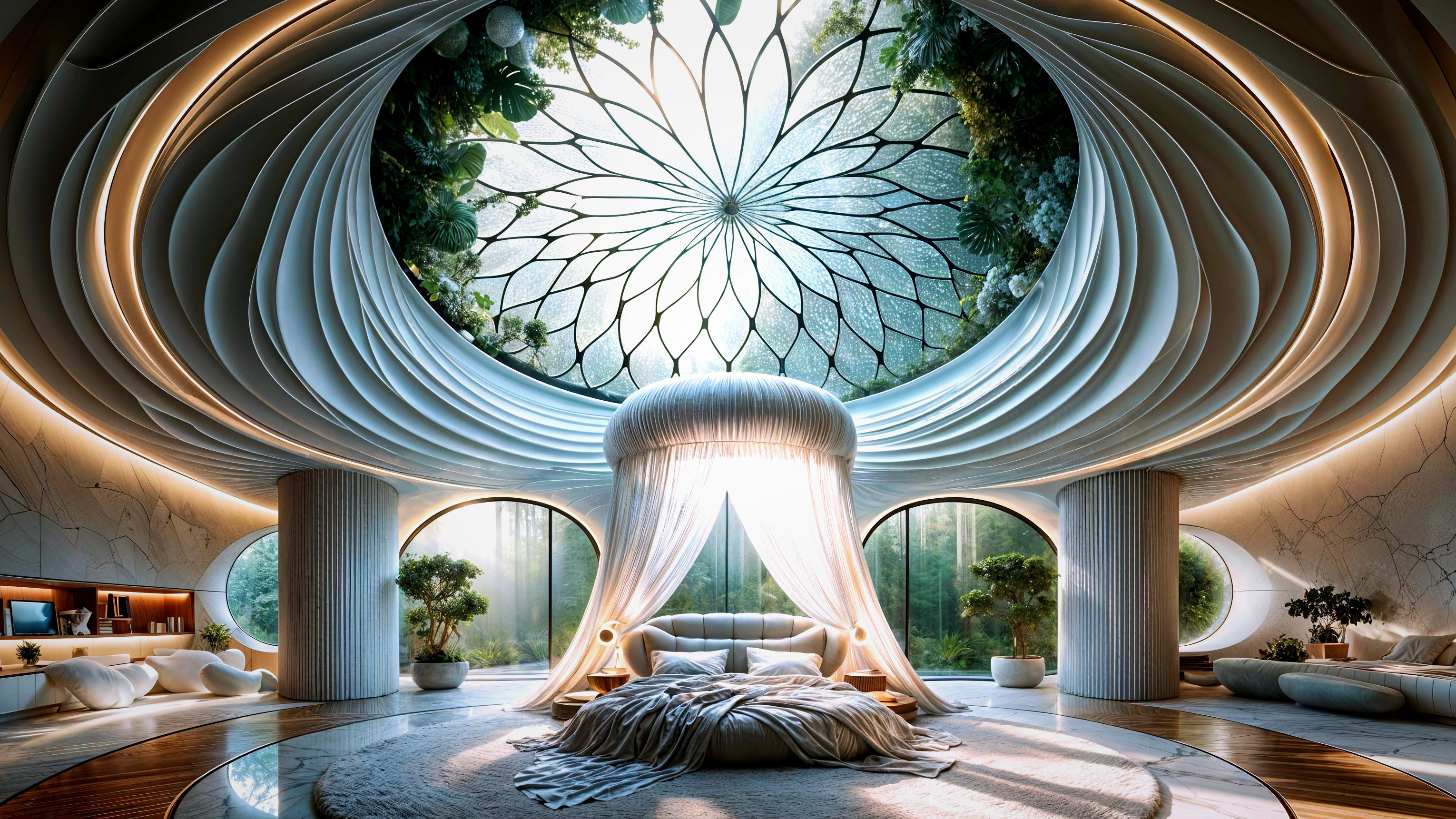 Futuristic bedroom with skylight and curved walls