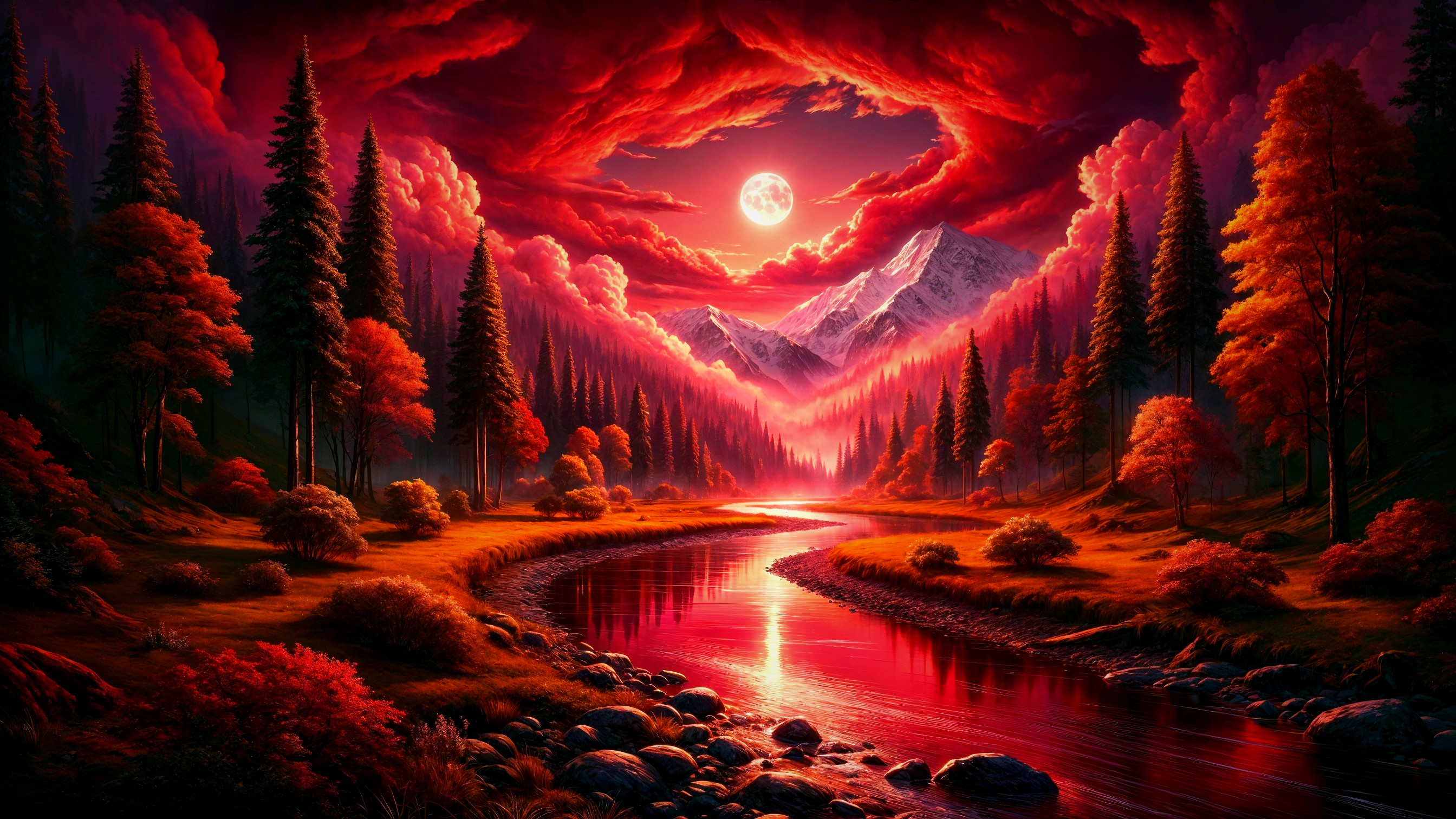 Winding River Landscape with Mountains and Red Moon