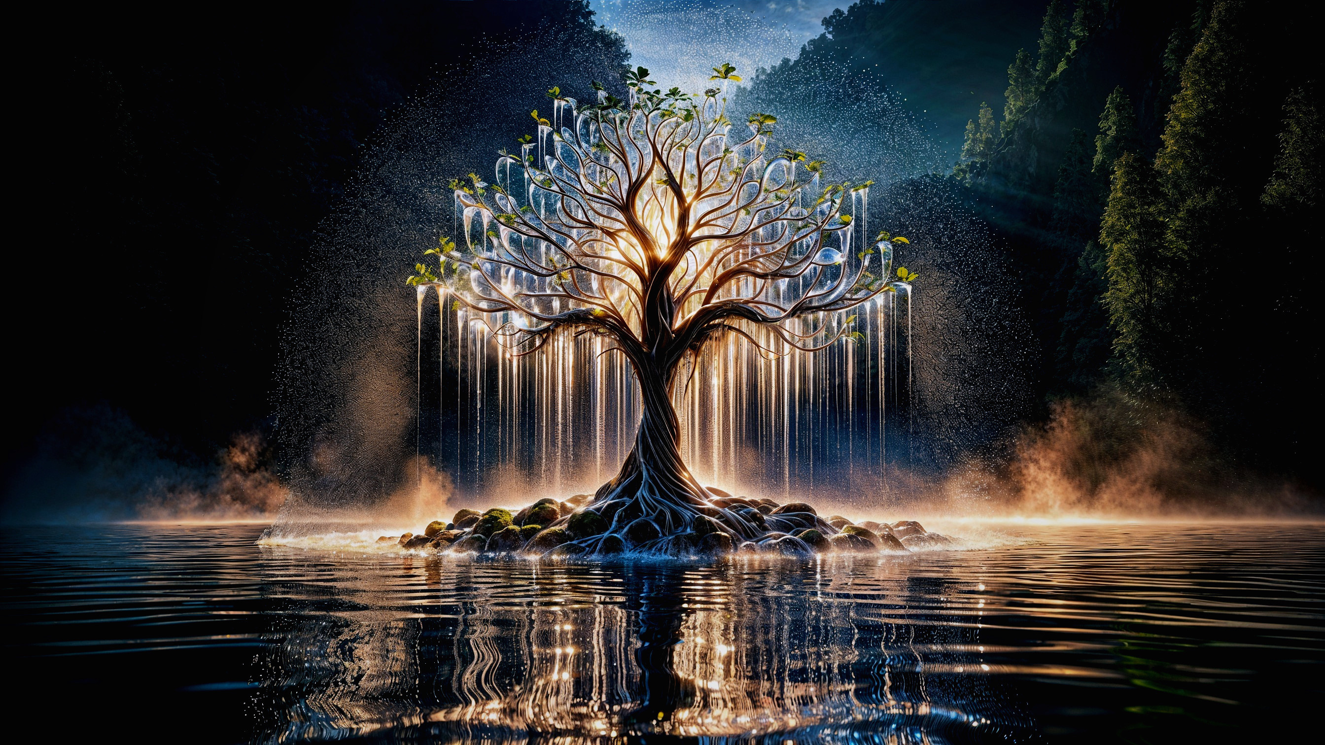 Majestic tree by tranquil water with golden light