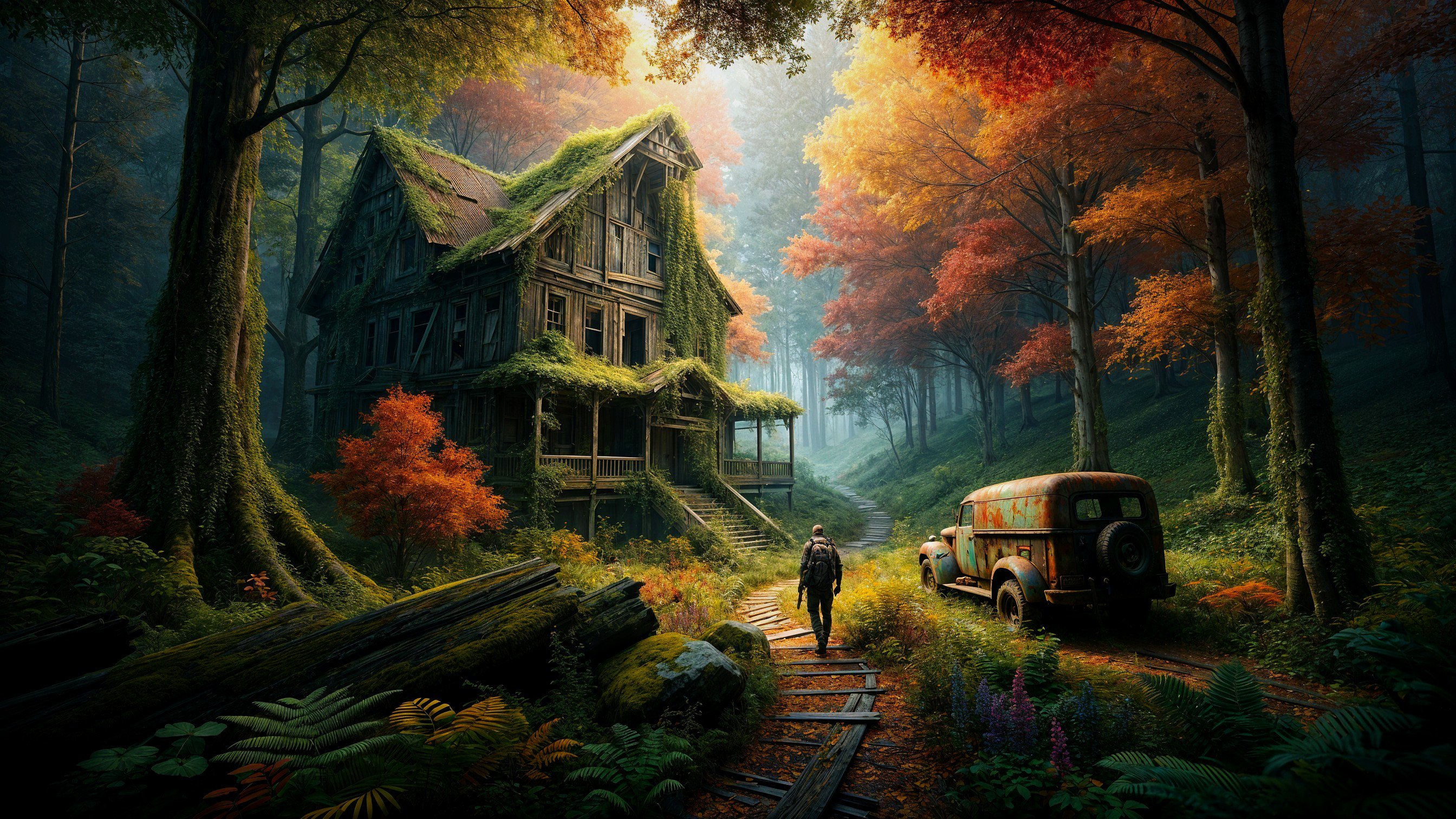 Autumn Forest Scene with Overgrown House and Vehicle
