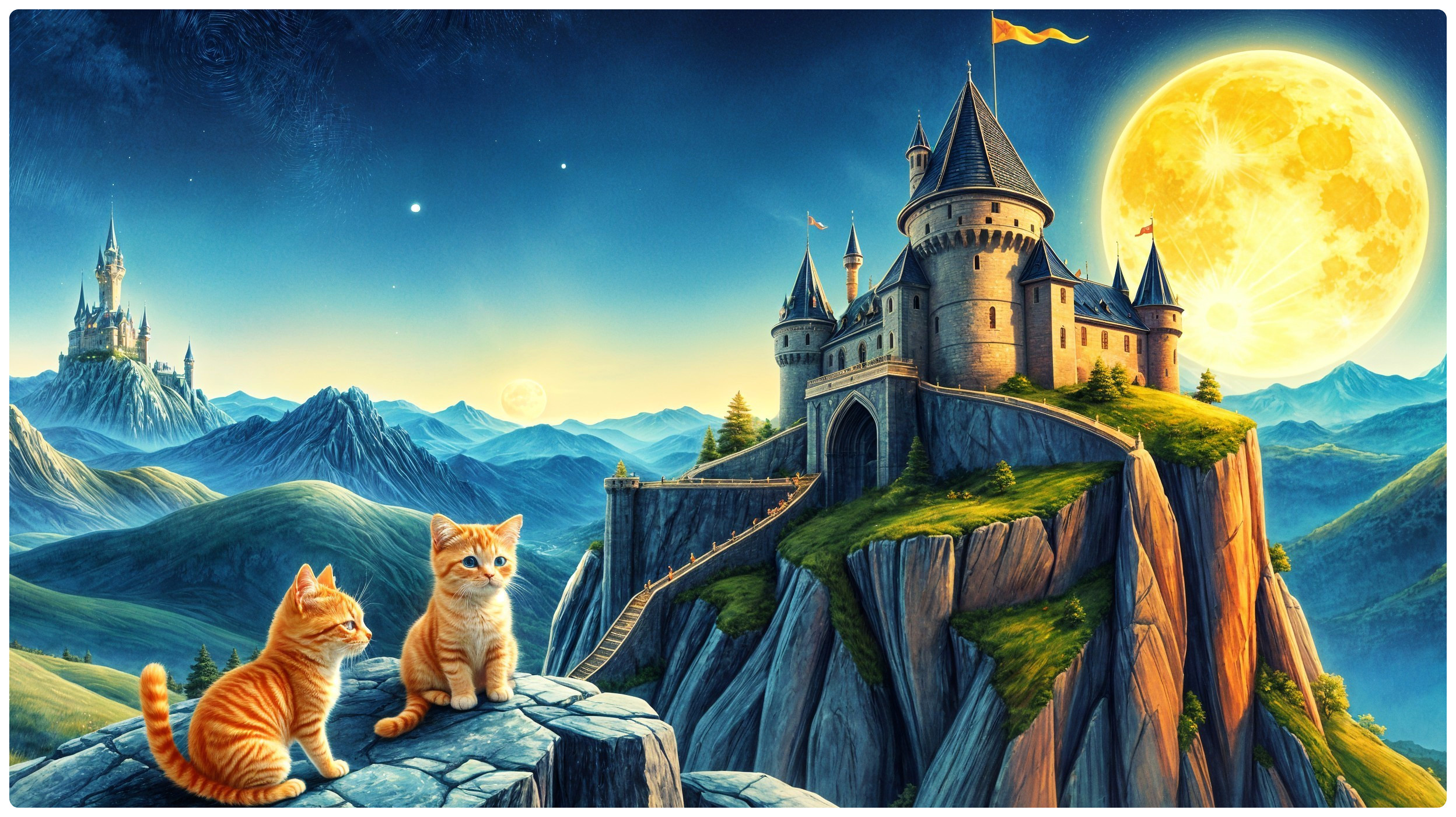 Kittens Overlooking a Castle in a Fantastical Landscape