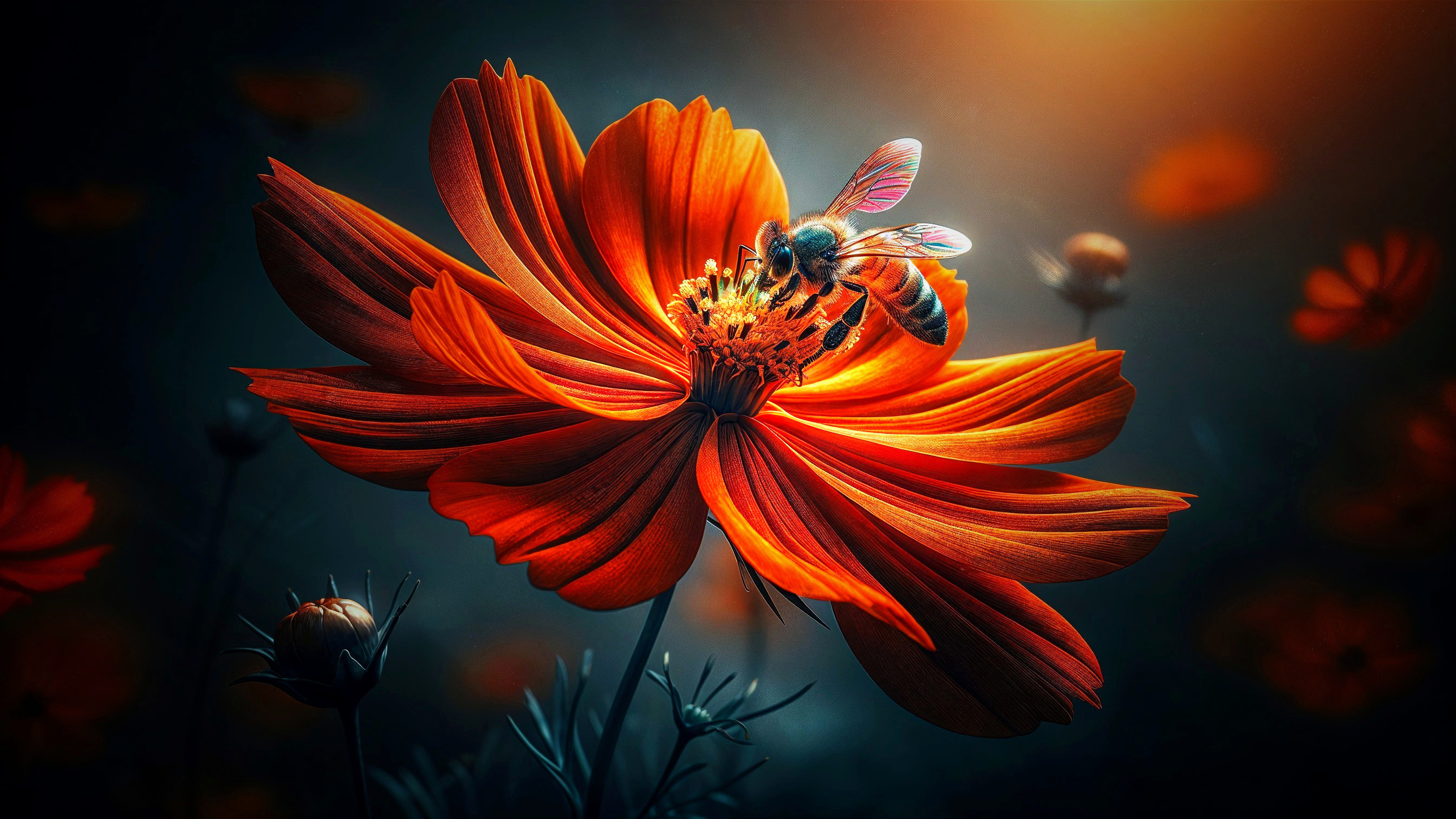 Vibrant Orange Flower with Bee in Soft Focus