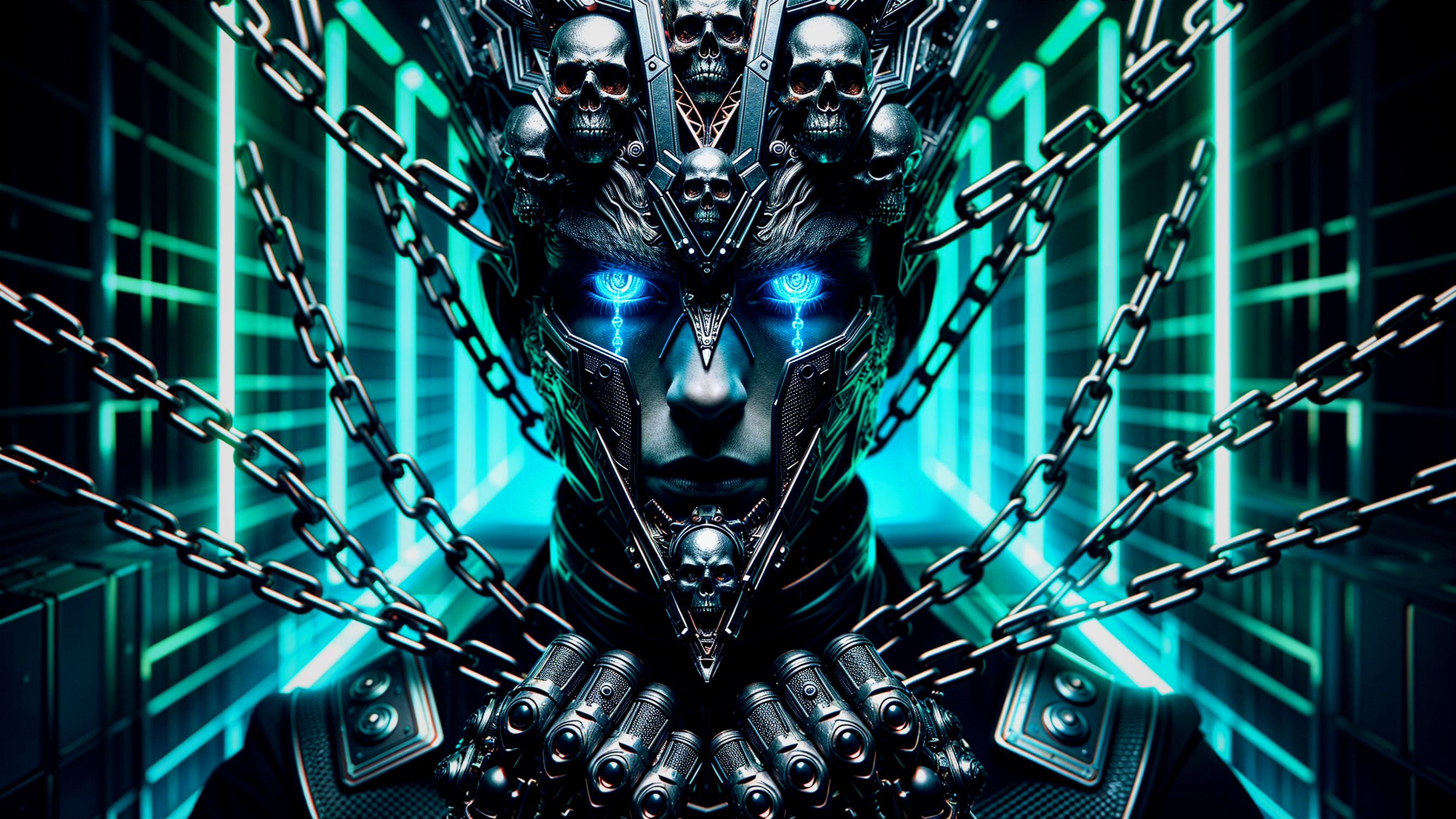 Futuristic cyborg in a neon-lit sci-fi environment