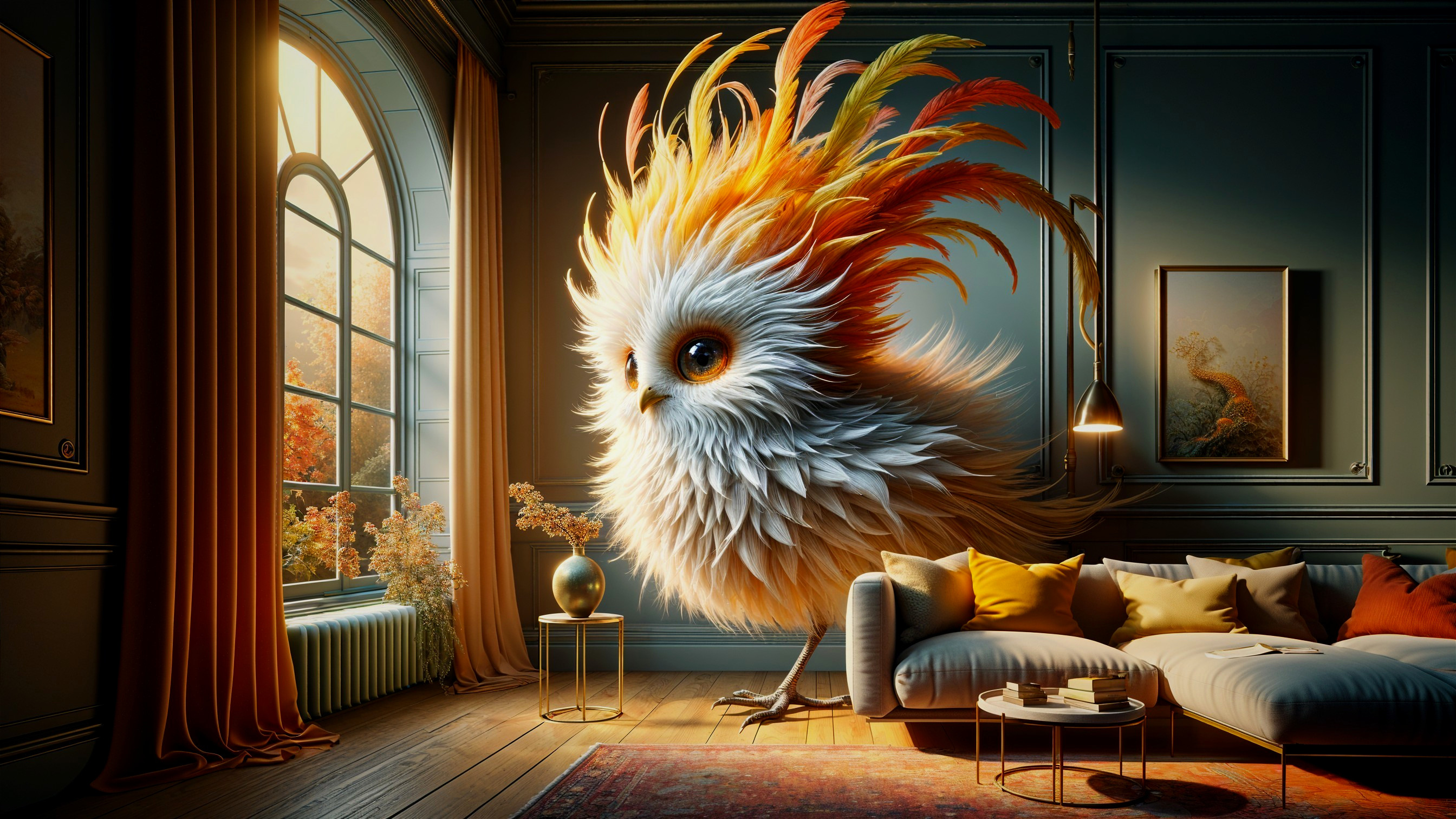 Whimsical Creature in Cozy Elegant Living Room