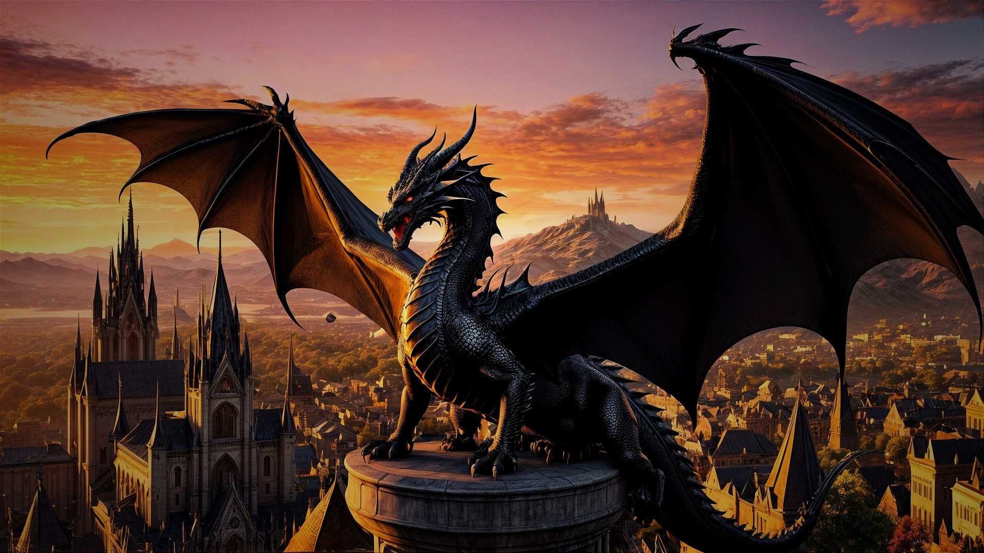 Black dragon on stone tower at sunset over town