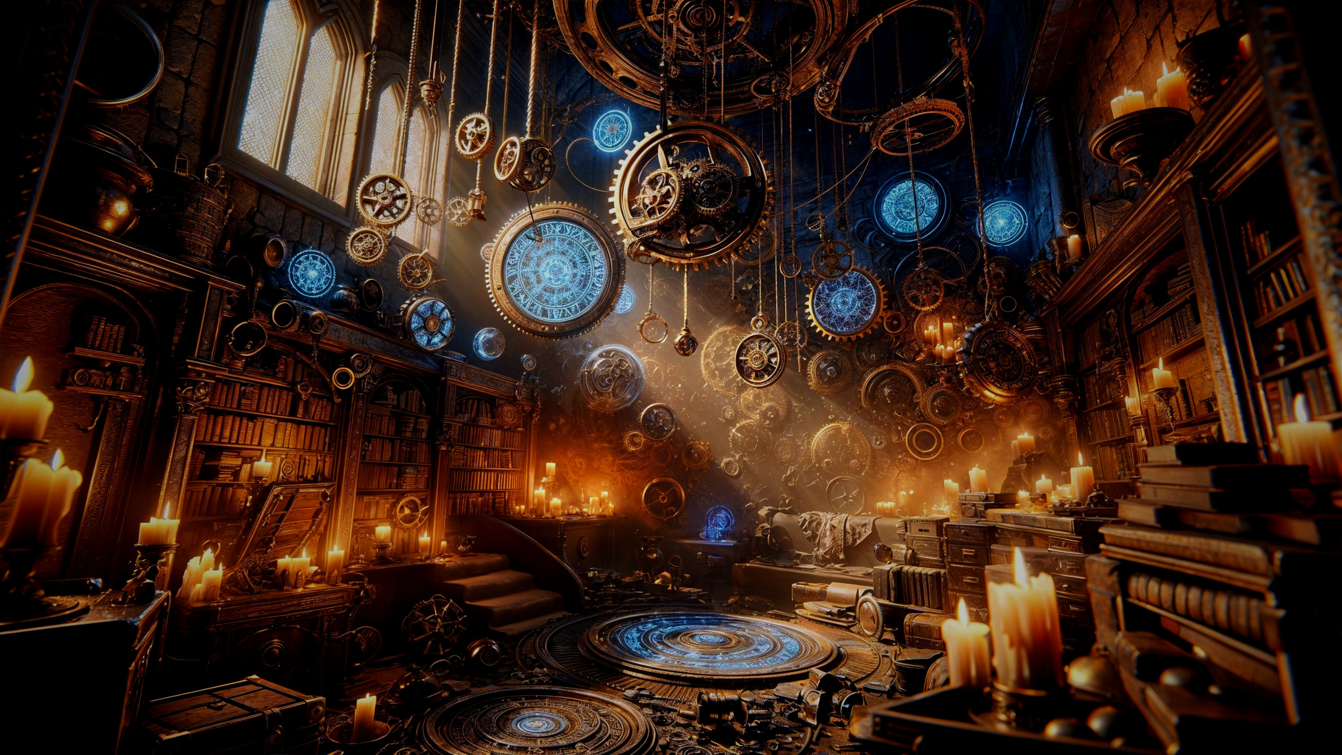 Mystical library with ornate clocks and ancient books