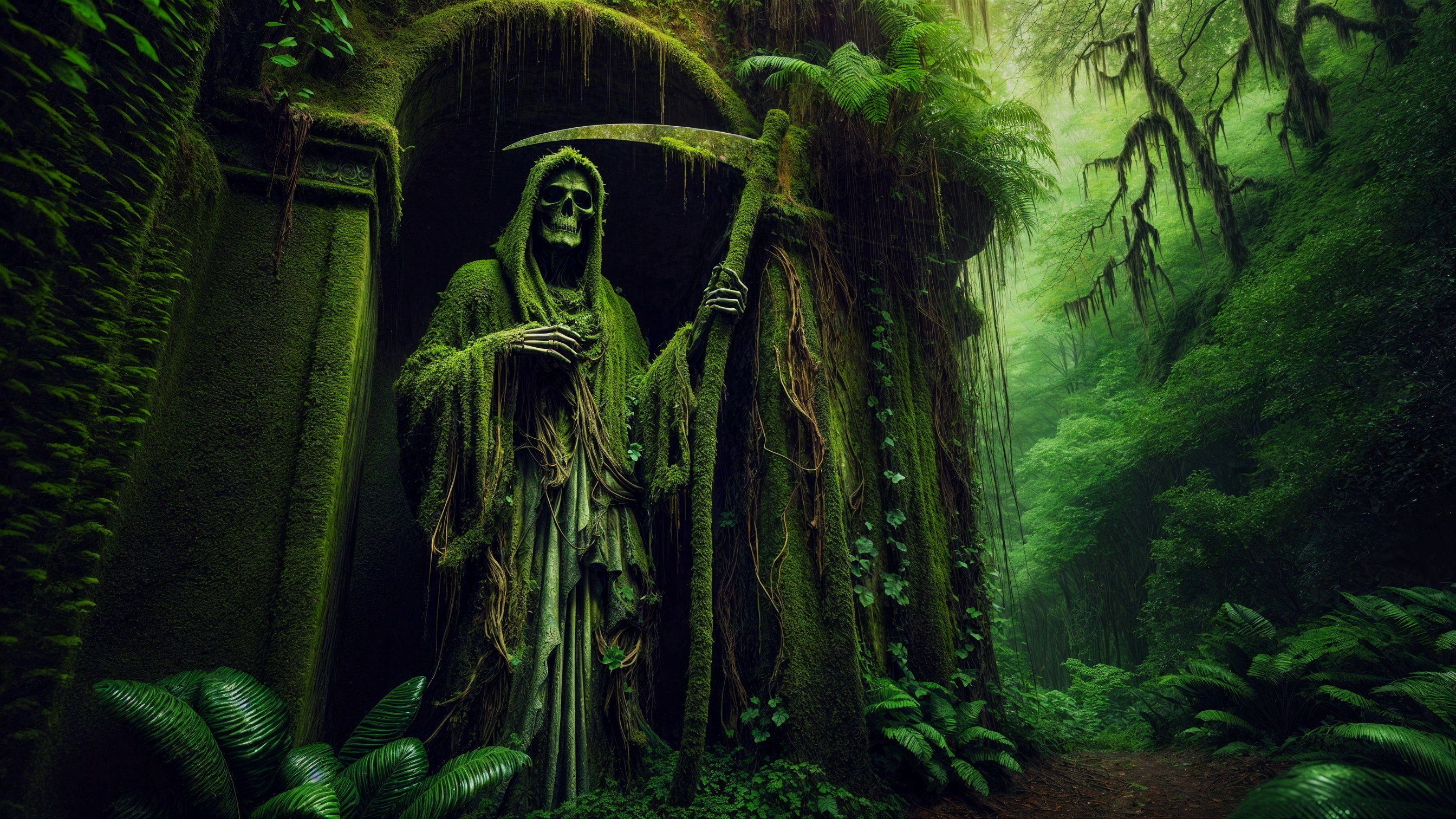 Moss-Covered Skeletal Statue in Forest Setting