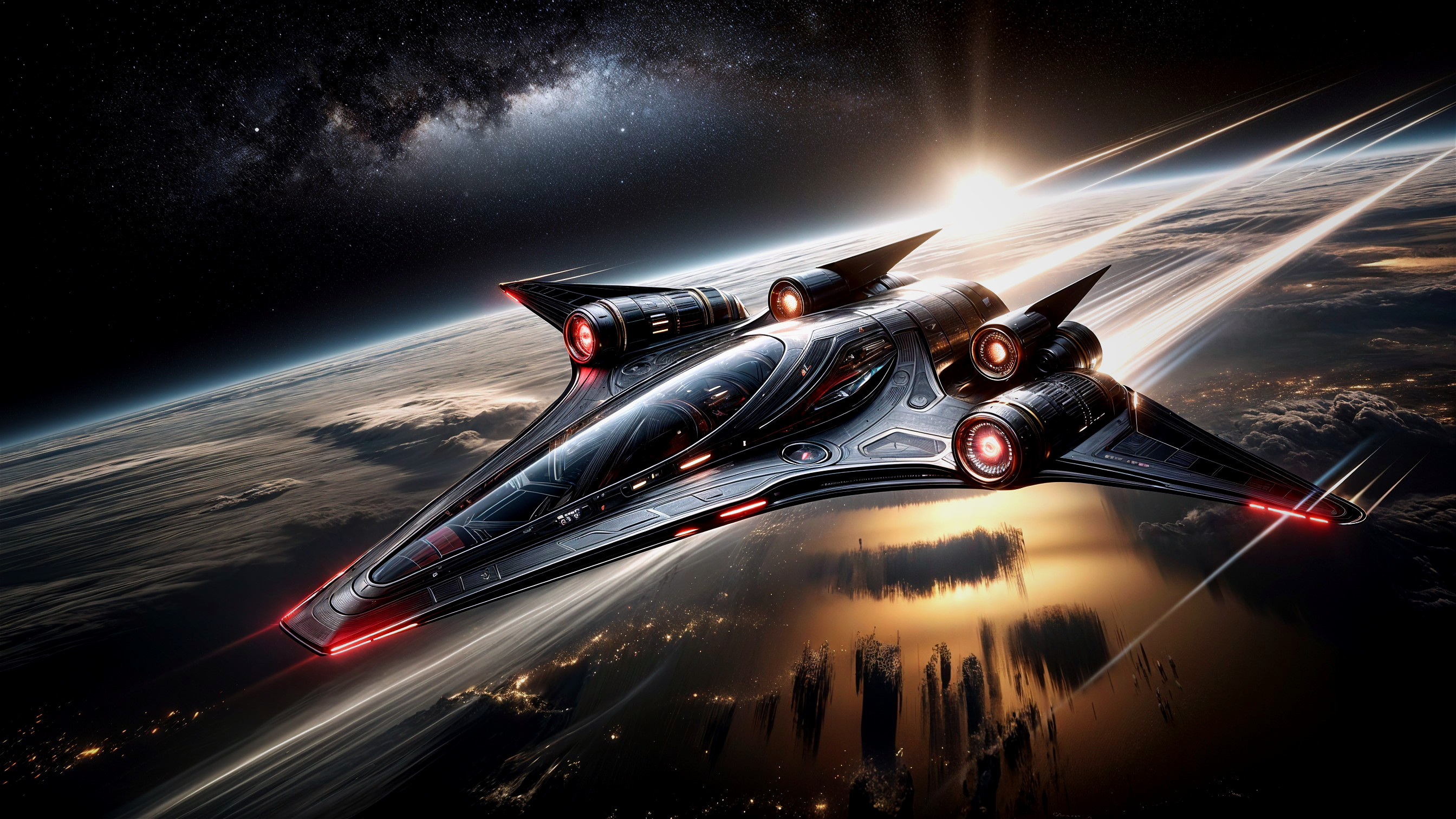 Futuristic spaceship in cosmic scene with Earth backdrop