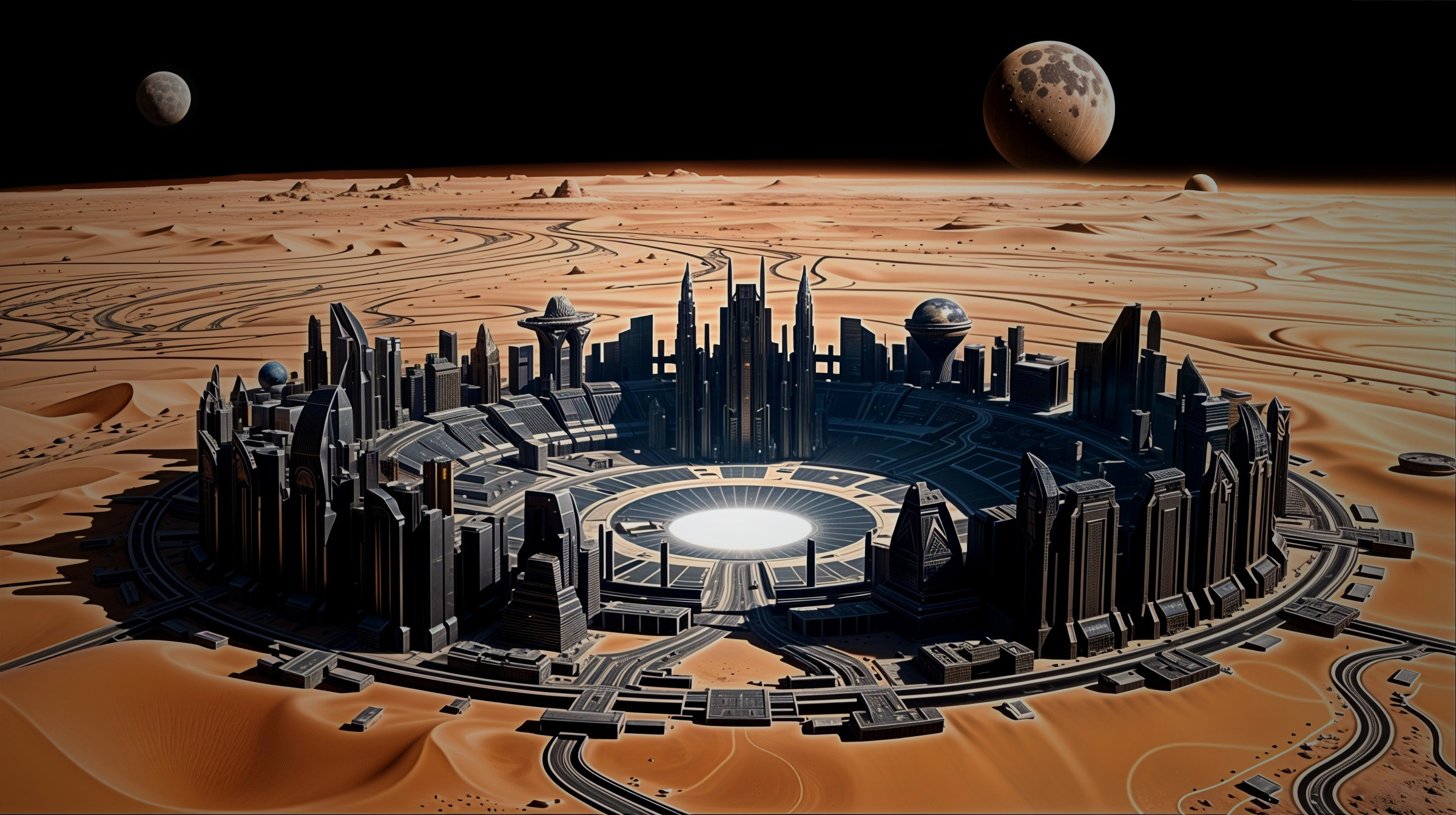 Futuristic Circular City with Skyscrapers and Celestial Bodies