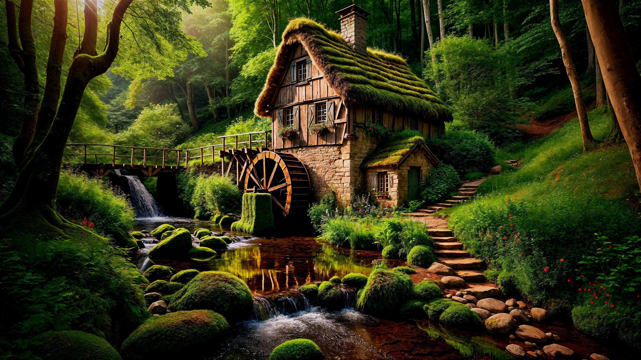Moss-Covered Cottage by a Serene Stream and Water Wheel