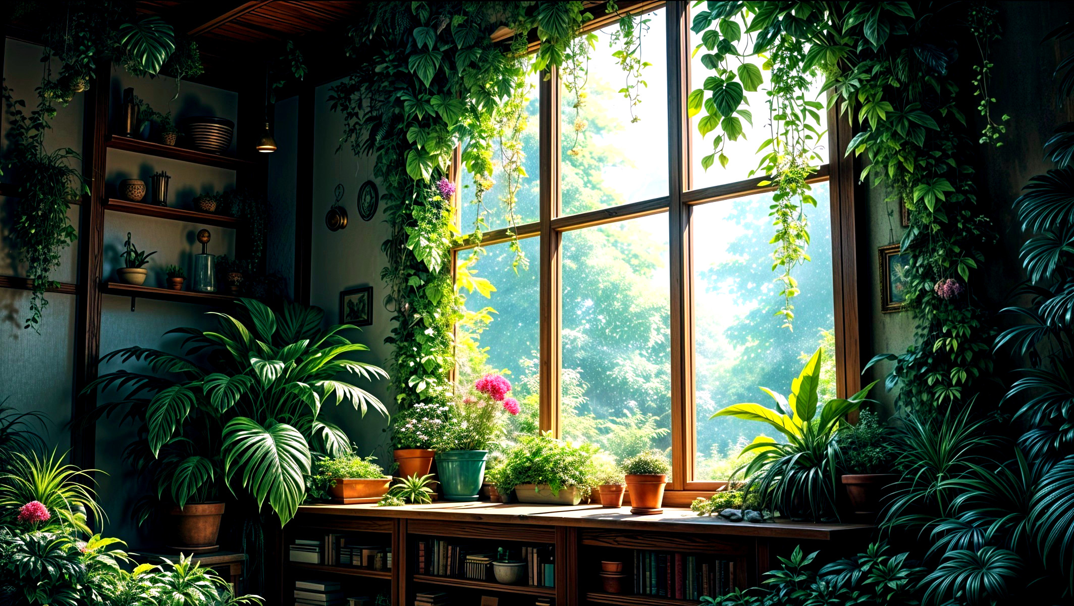 Sunlit Room Filled with Lush Indoor Plants and Decor