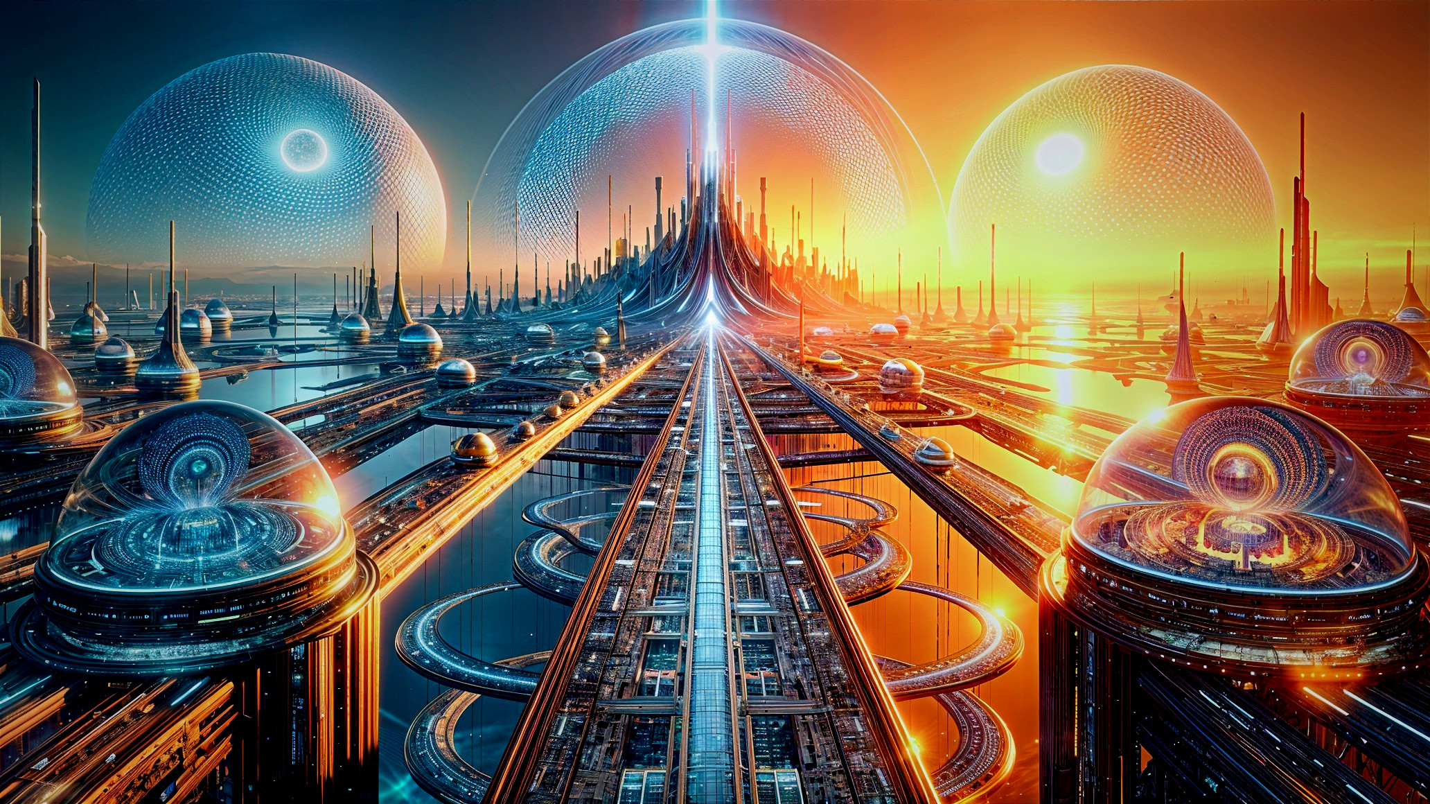 Futuristic cityscape with illuminated structures and tracks