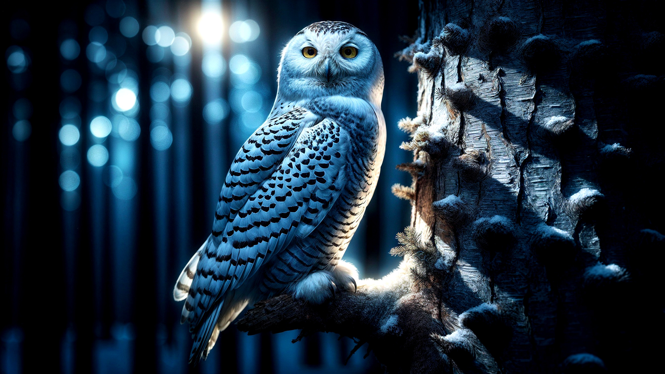 Snowy Owl on Tree Branch in Misty Forest Light