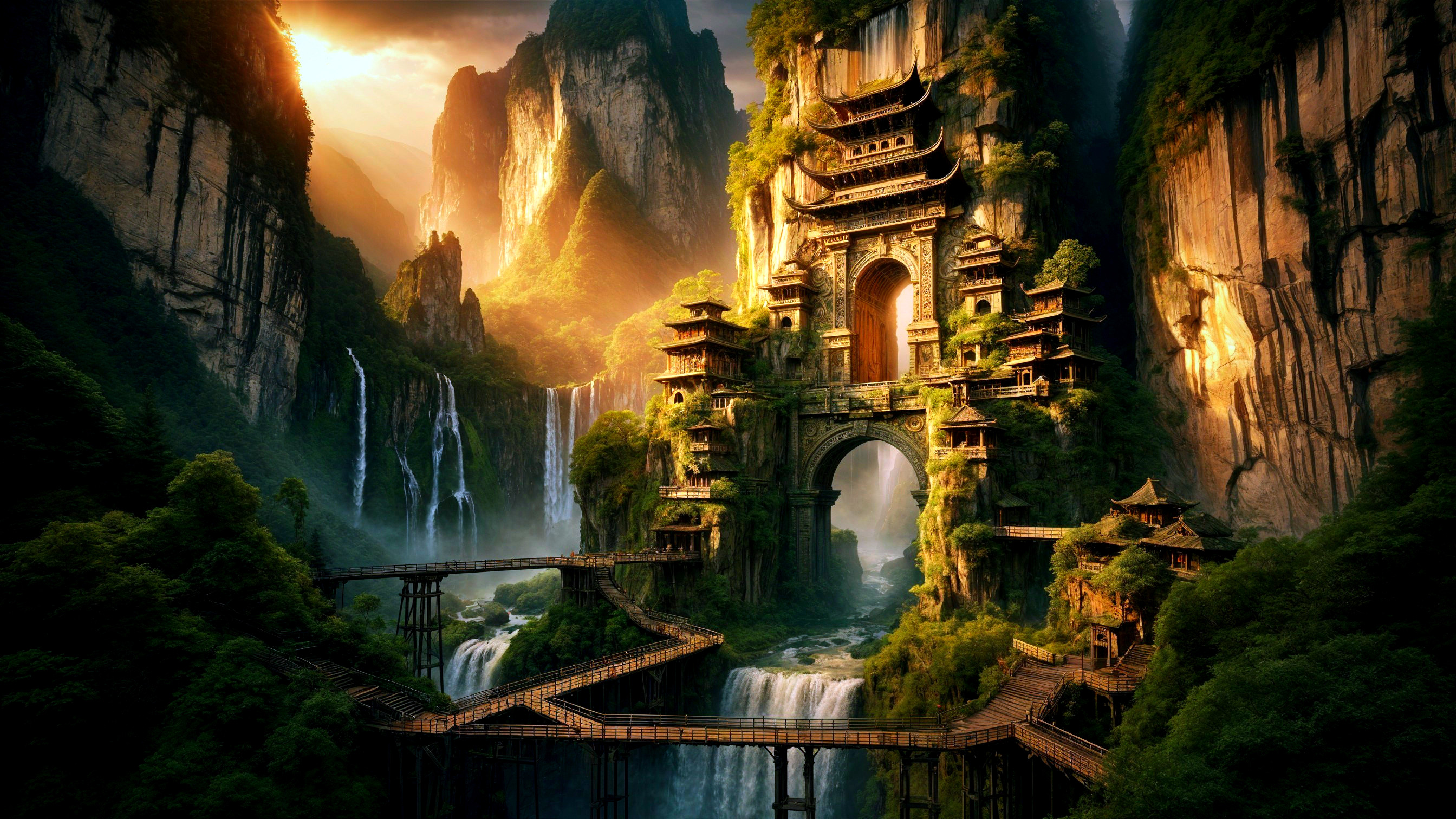 Ancient Structure Surrounded by Cascading Waterfalls