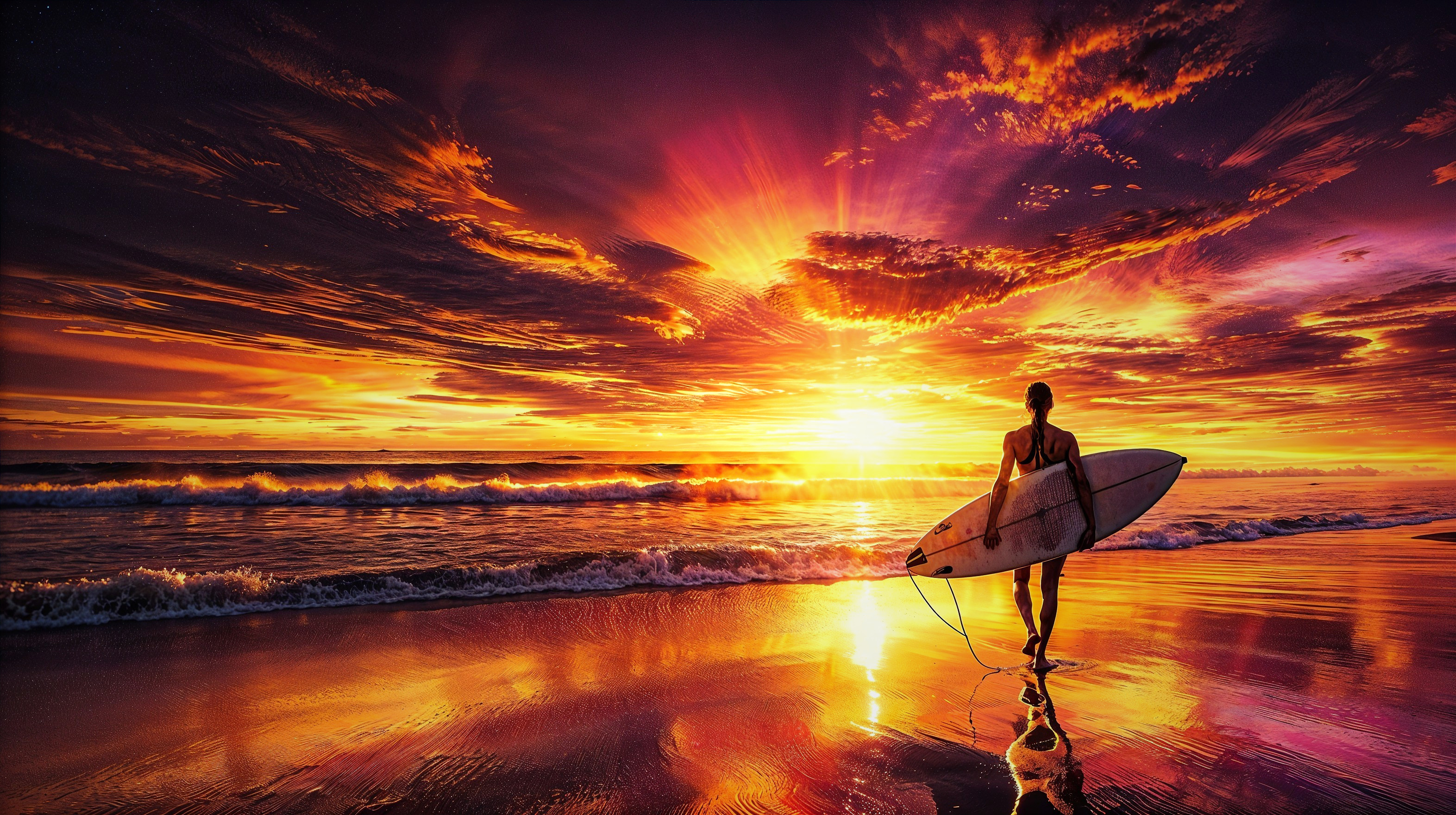 Surfer at Sunset on Tranquil Shoreline Scene