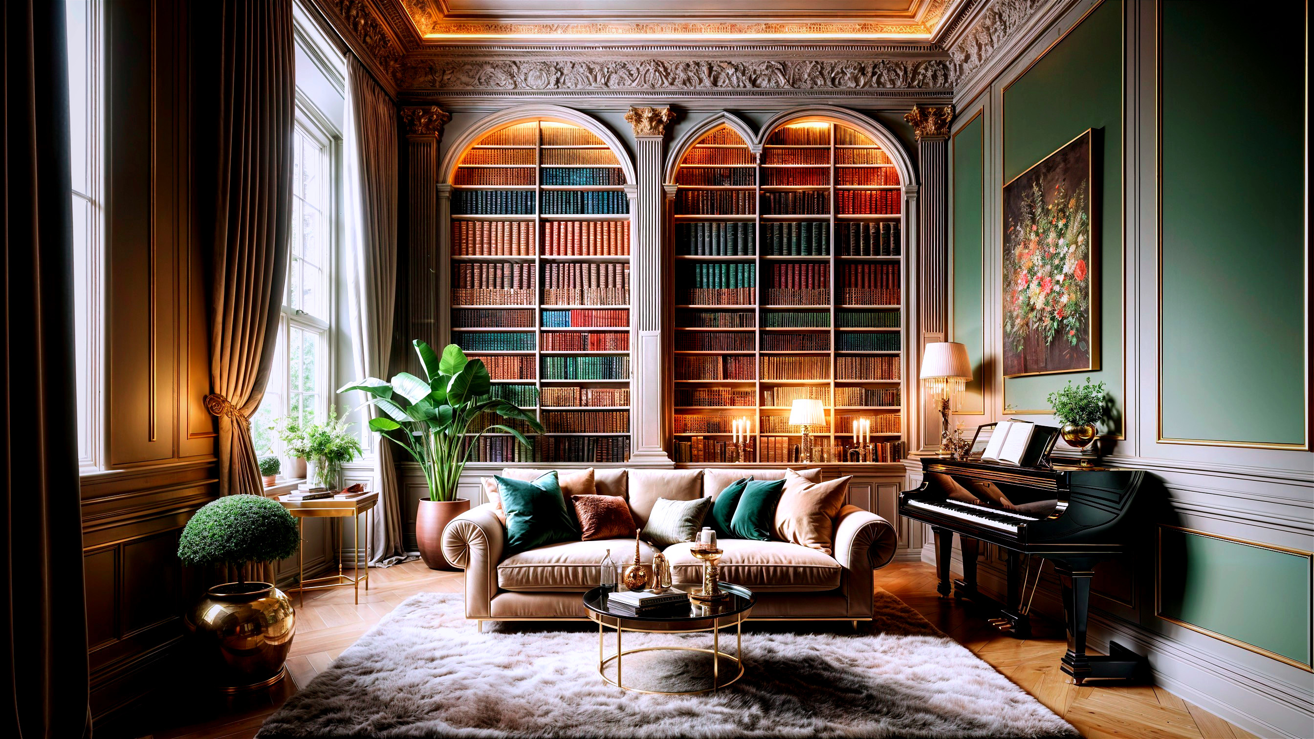 Elegant living room with plush sofa and bookshelves