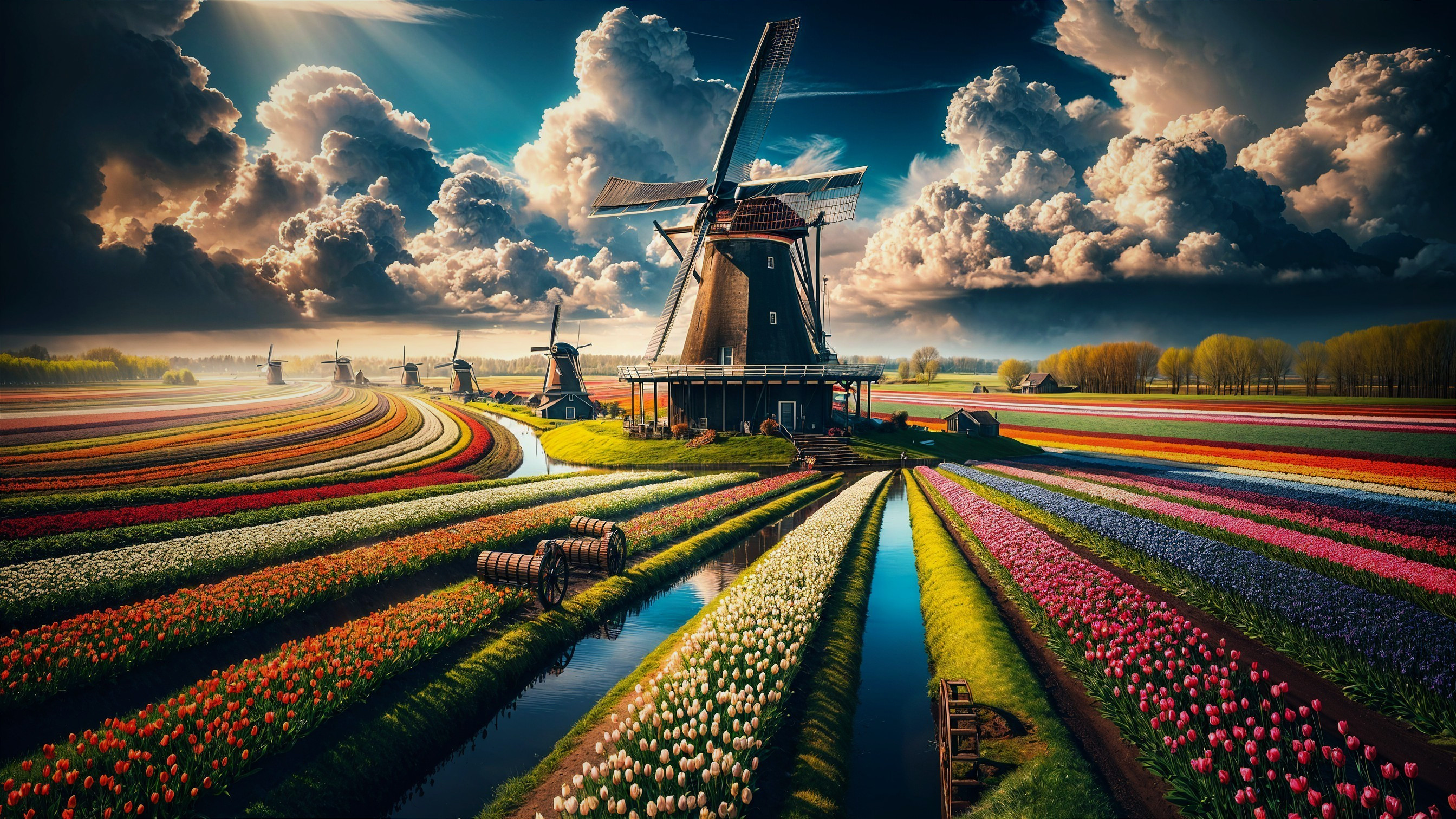 Vibrant Tulip Fields with Windmills and Canals
