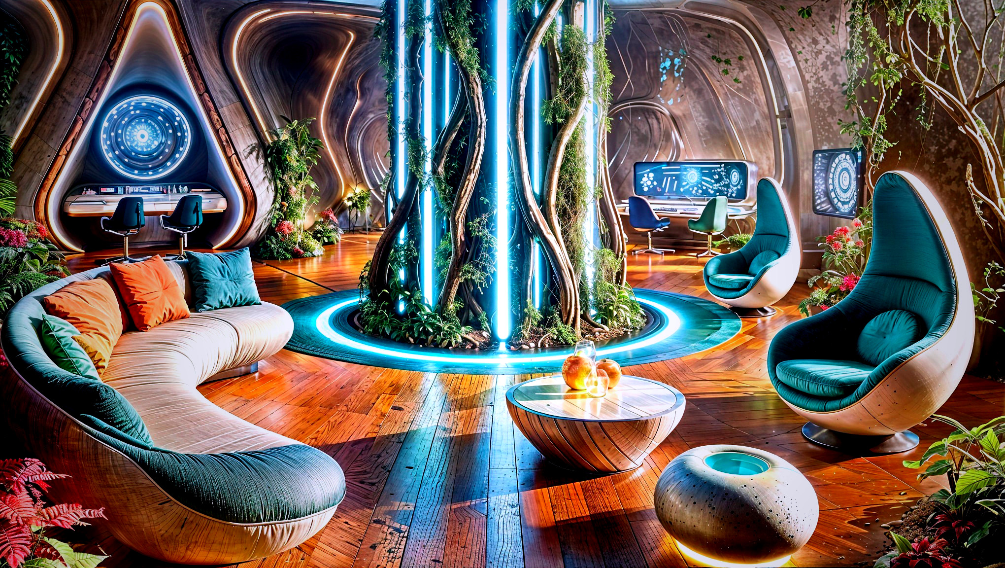 Futuristic lounge with organic furniture and greenery