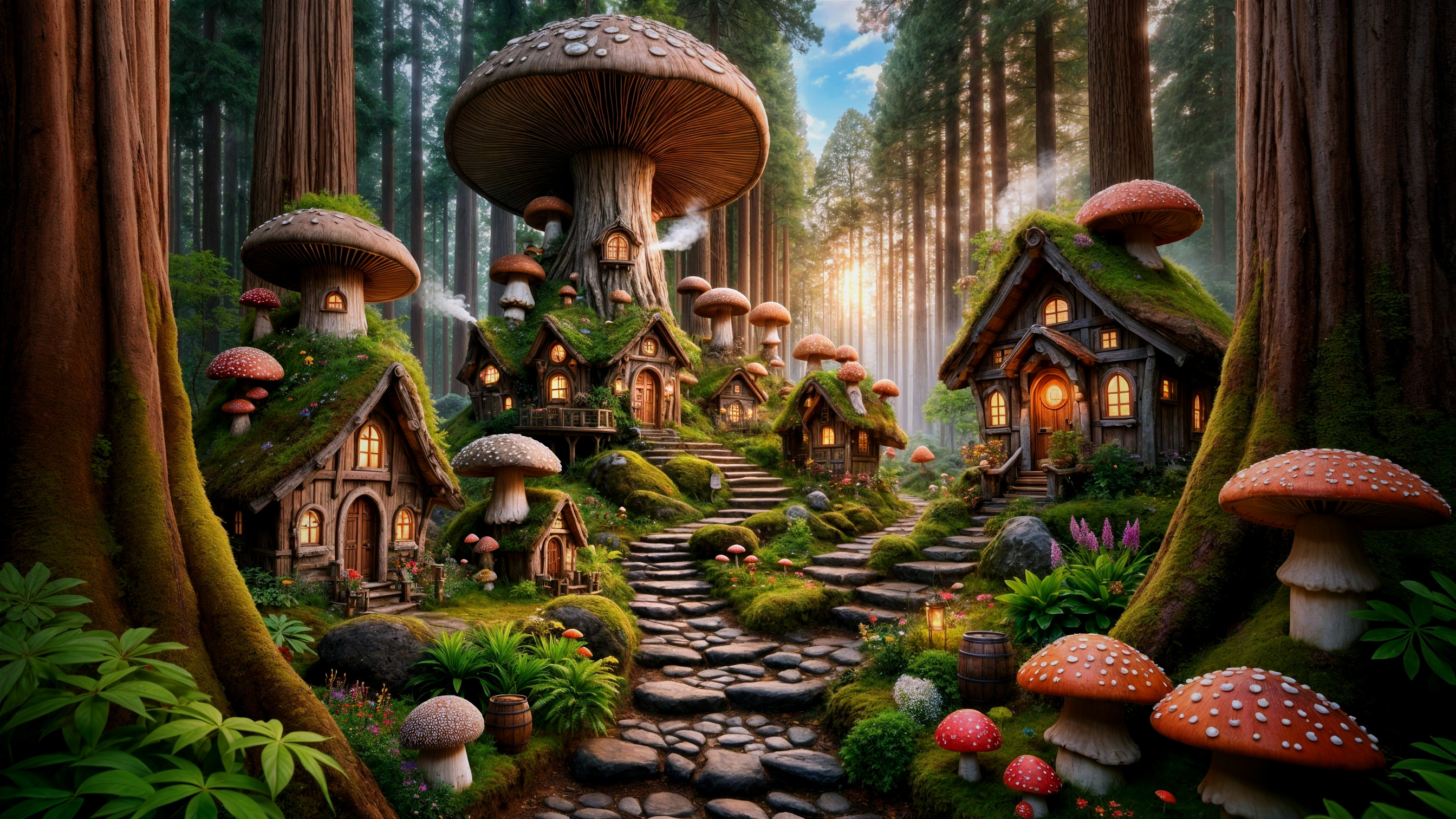 Whimsical Village with Mushroom Roofs and Lush Greenery