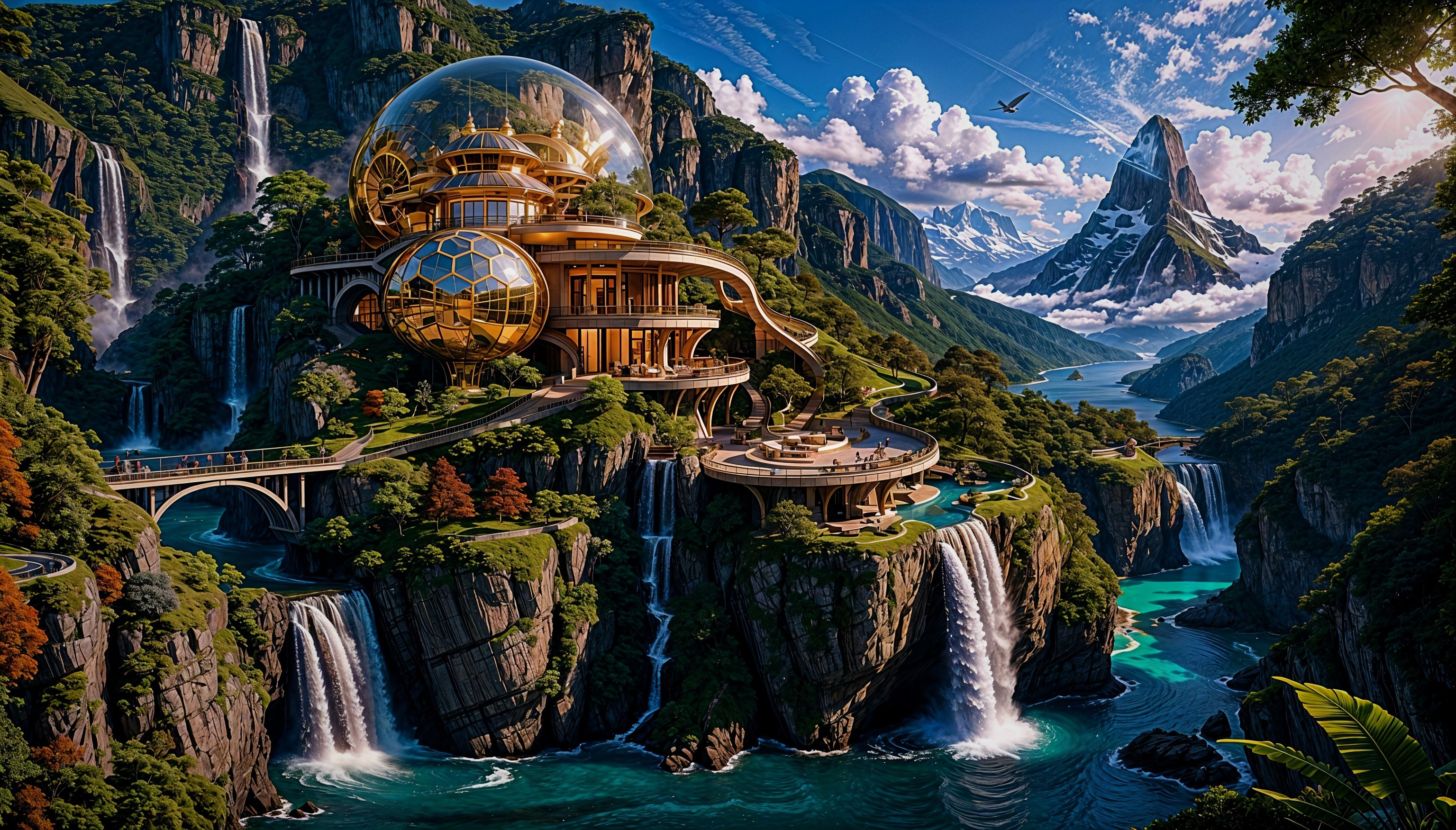 Futuristic Structure with Golden Dome and Waterfalls