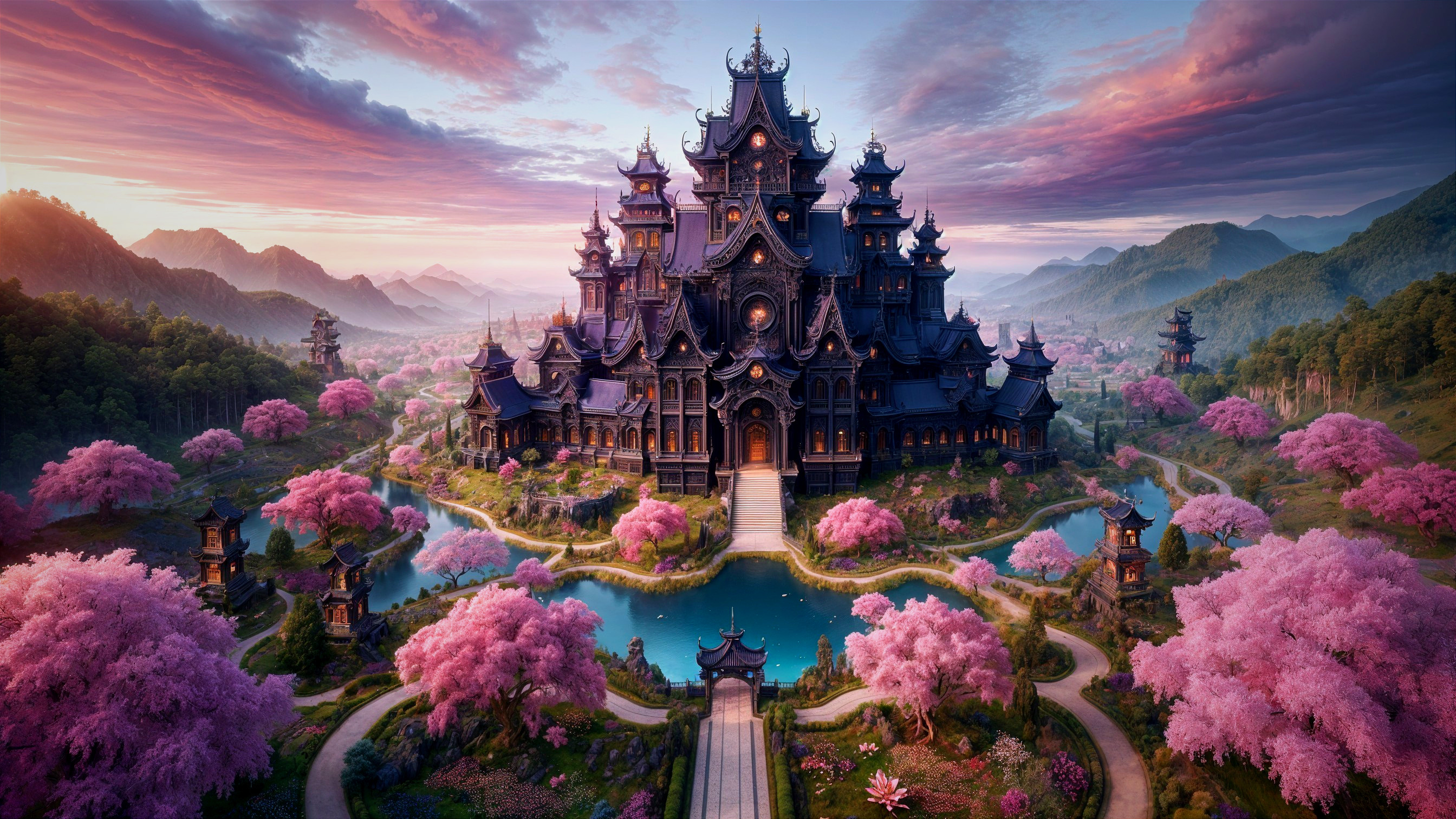 Fantasy Landscape with Palace and Cherry Blossoms